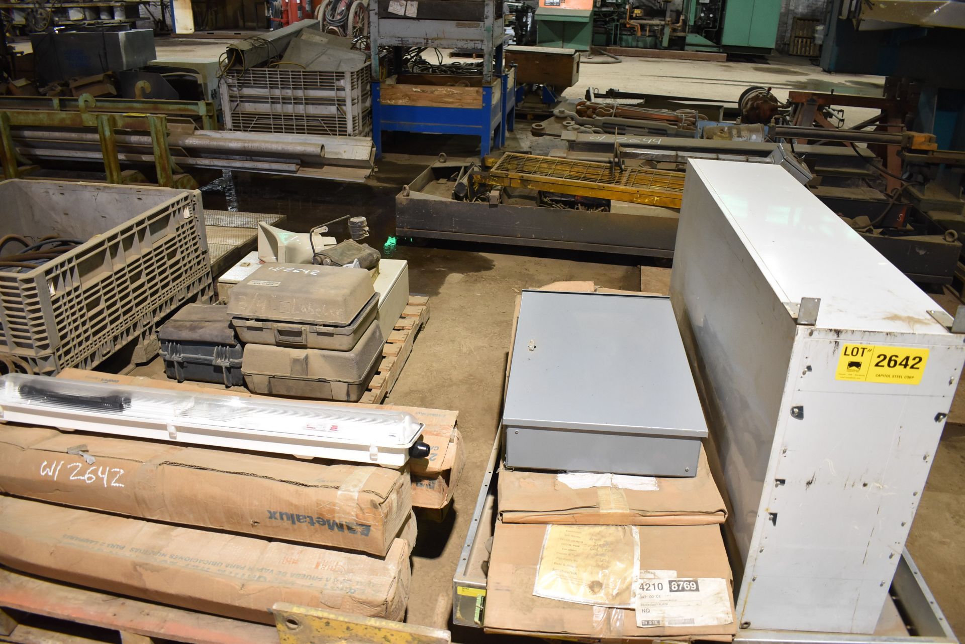 LOT/ (3) SKIDS WITH ELECTRICAL PANELS & BOXES, BREAKER PANEL COVERS, SEALED OVERHEAD LIGHT FIXTURES,