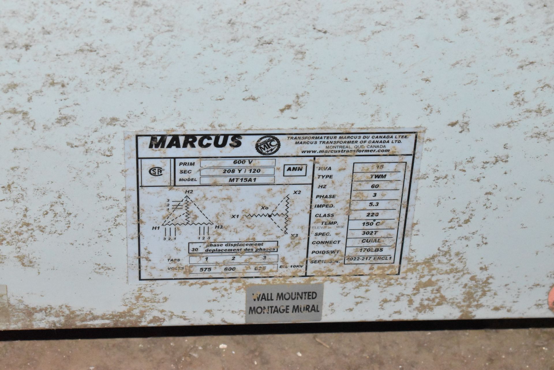MARCUS 15 KVA TRANSFORMER WITH 600V PRIMARY, 208Y/120V SECONDARY, 3PH, 60 HZ (CI) (DELAYED DELIVERY) - Image 4 of 4