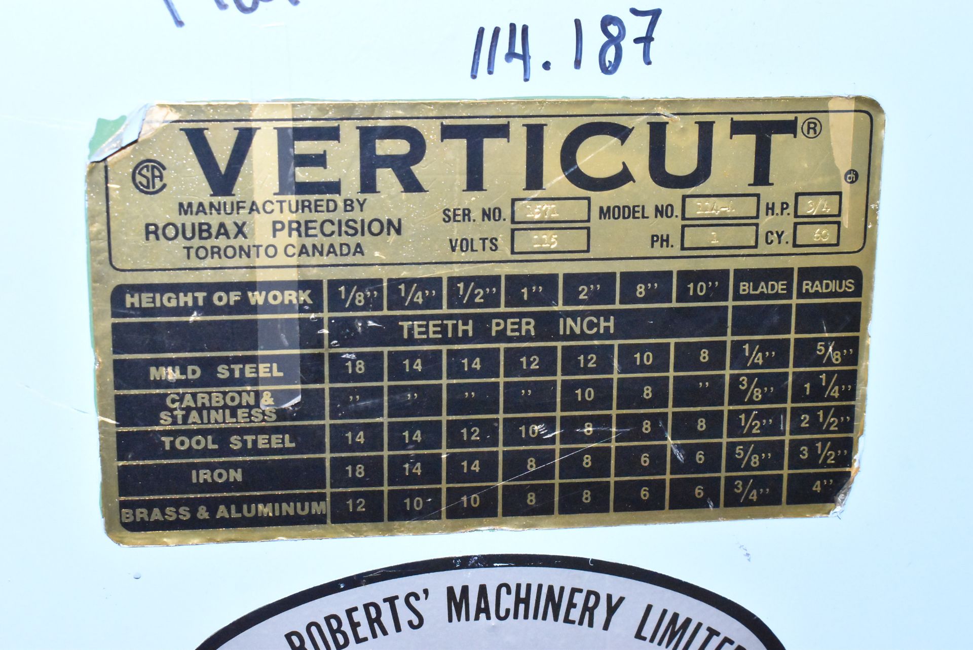 VERTICUT 114-A VERTICAL ROLL IN BAND SAW 3/4HP/115V/60HZ/1PH S/N 1571. (CI) [RIGGING FOR FOR LOT #23 - Image 2 of 2