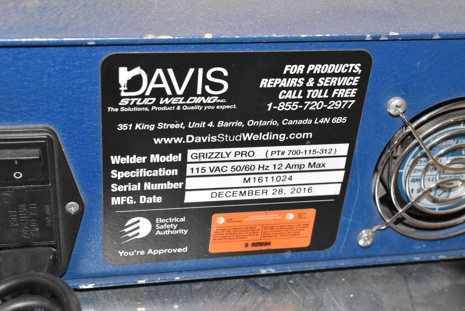 DAVIS (2016) GRIZZLY PRO CAPACITOR DISCHARGE STUD WELDER WITH CABLES AND GUN, S/N M1611024 [ - Image 5 of 5