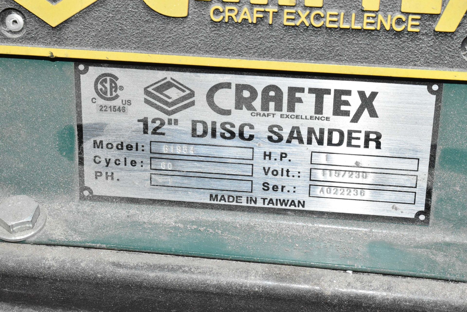 CRAFTEX 12" DISC SANDER, S/N A022236 [RIGGING FOR FOR LOT #29 - $25 CAD PLUS APPLICABLE TAXES] - Image 4 of 5