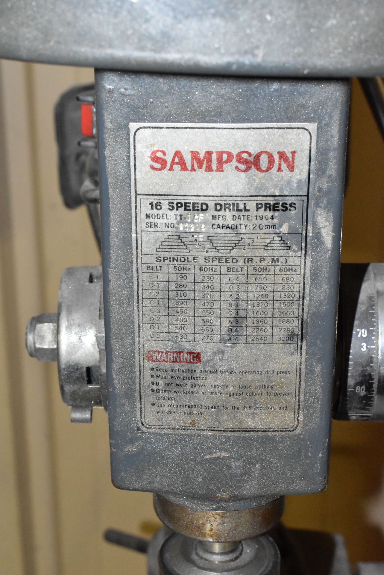 SAMPSON 16F 16 SPEED FLOOR TYPE DRILL PRESS WITH SPEEDS TO 3600RPM, S/N 97215 [RIGGING FOR FOR - Image 2 of 3