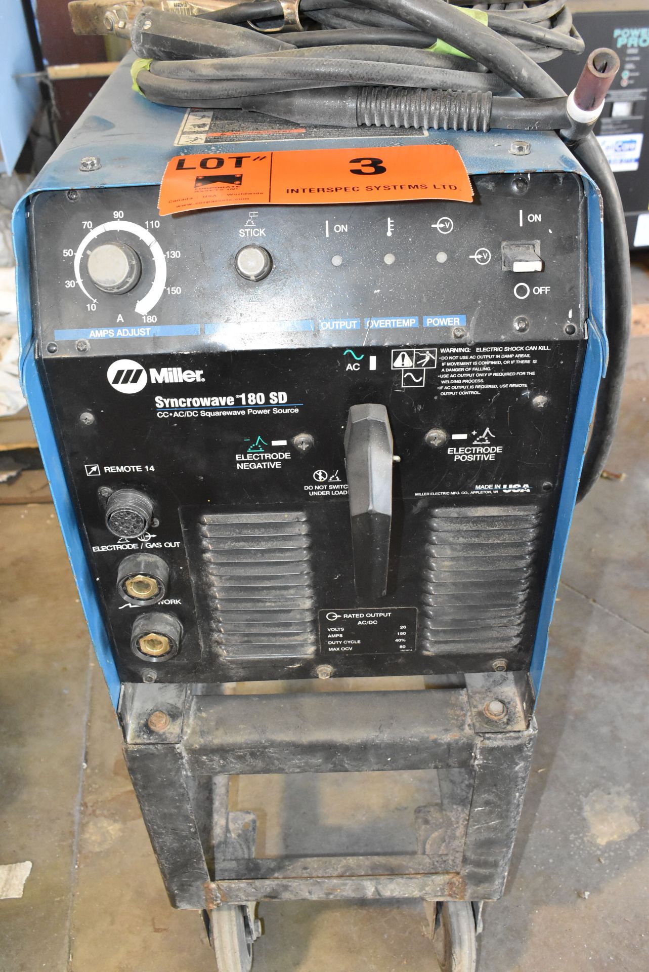 MILLER SYNCROWAVE180 DS TIG WELDER WITH CABLES AND GUN, S/N LA197136 [RIGGING FOR FOR LOT #3 - $25 - Image 3 of 5