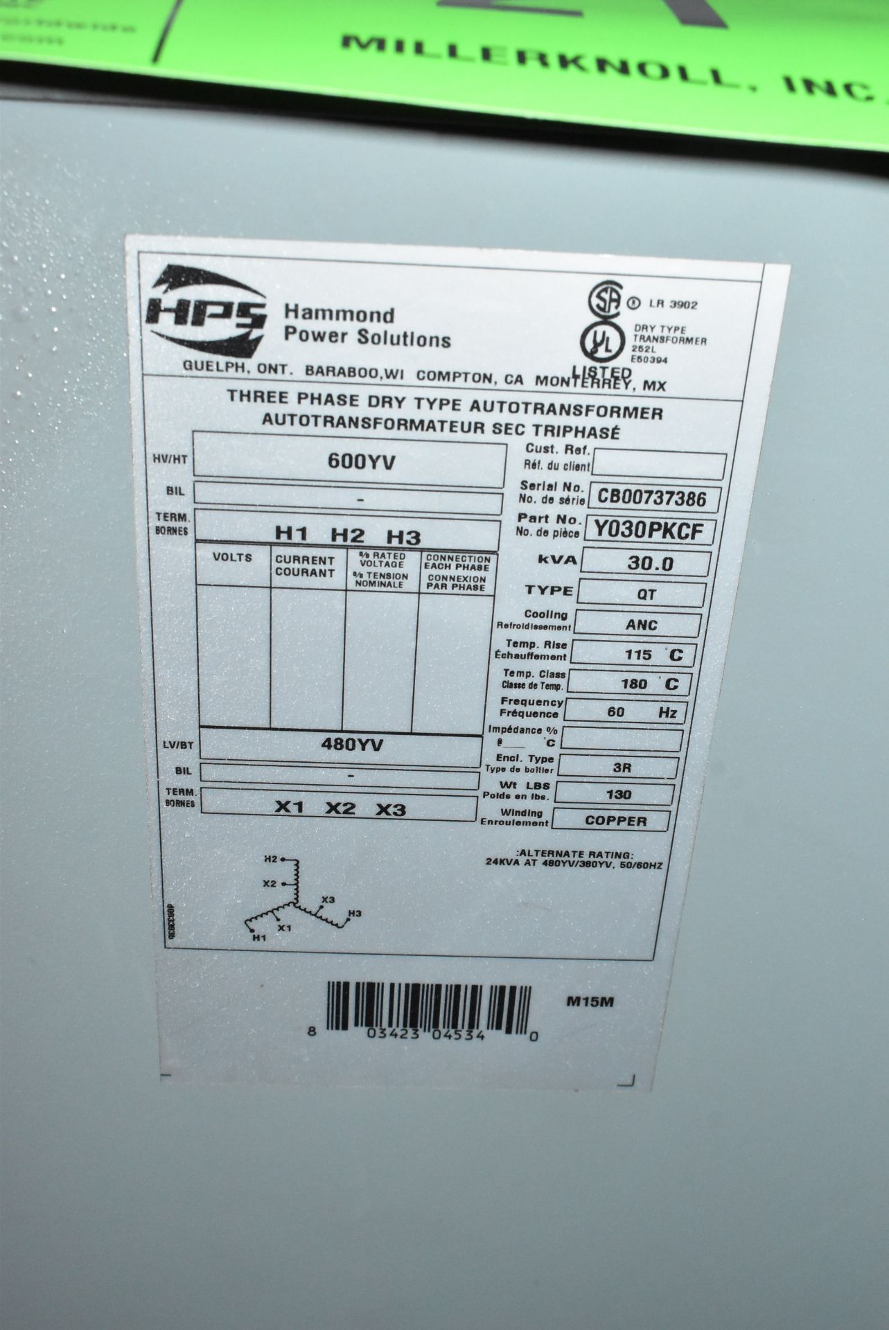 HAMMOND POWER SOLUTIONS 30 KVA TRANSFORMER 600HV-480 LV/60HZ/3PH S/N CB00737386 (CI) [RIGGING FEE - Image 3 of 3