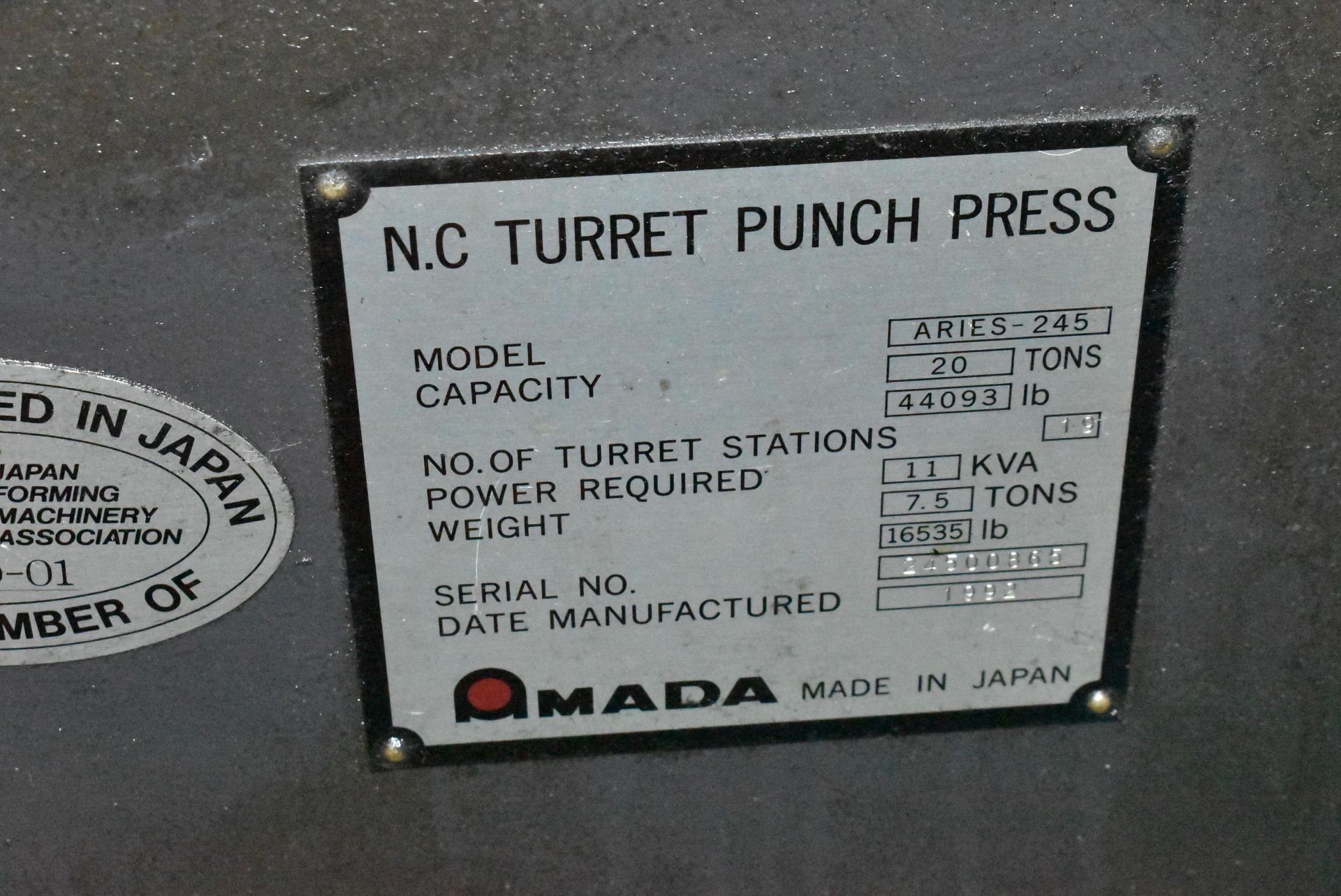 AMADA ARIES 245 20 TON CNC TURRET PUNCH WITH AMADA METRICS AMADAN04PA CNC CONTROL, 19 STATION - Image 7 of 10