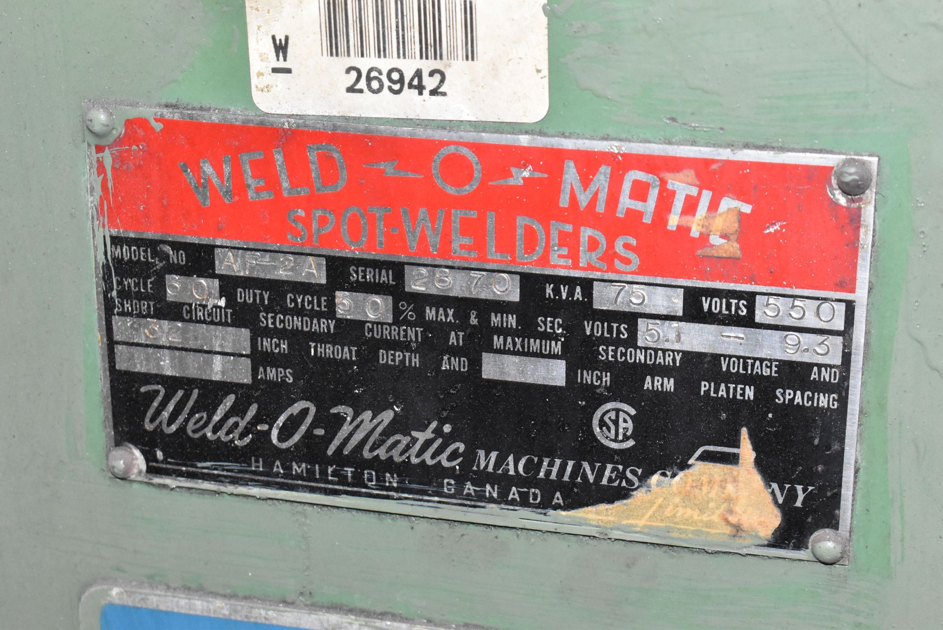 WELD-O-MATIC AF-2A 75KVA ROCKER ARM SPOT WELDER WITH 32" THROAT, S/N 2370 (CI) [RIGGING FEE FOR - Image 3 of 8