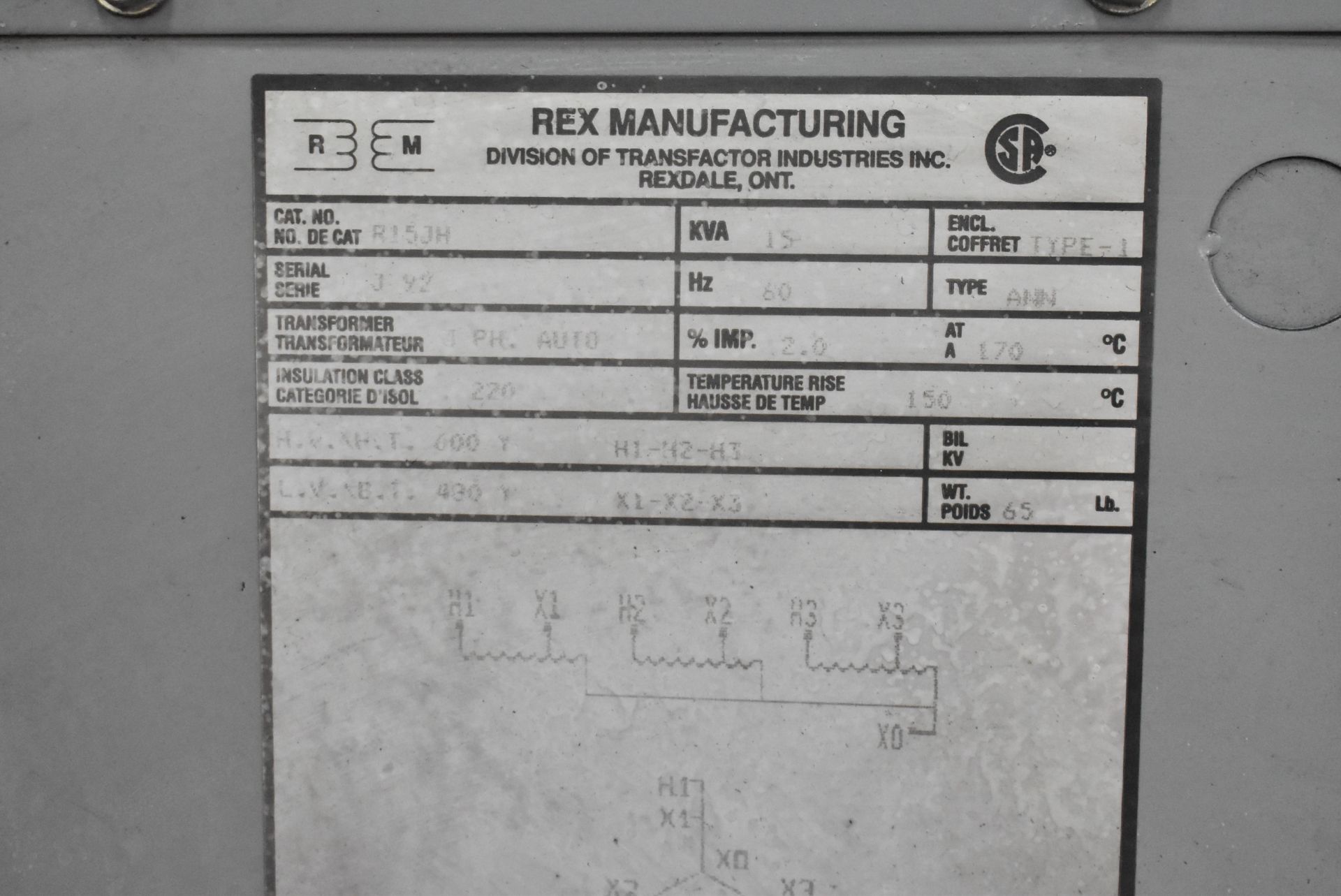 REX MANUFACTURING 15 KVA TRANSFORMER 600-480V/60HZ/3PH S/N J92 (CI) [RIGGING FEE FOR LOT #53 - $50 - Image 3 of 3