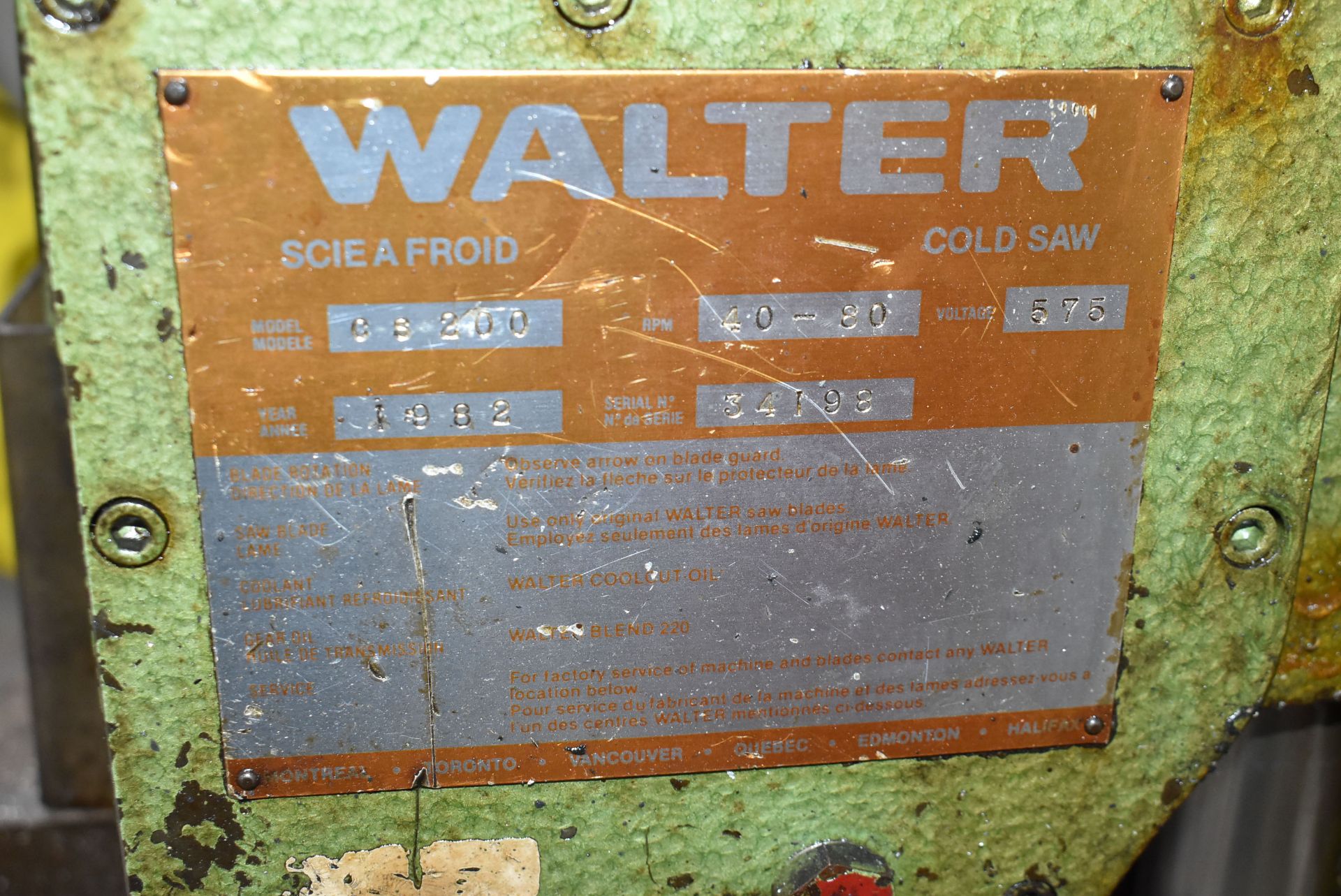 WALTER CS200 COLD CUT SAW WITH 10" BLADE, COOLANT, 5.5" VICE, S/N 34198 (CI) - Image 7 of 7
