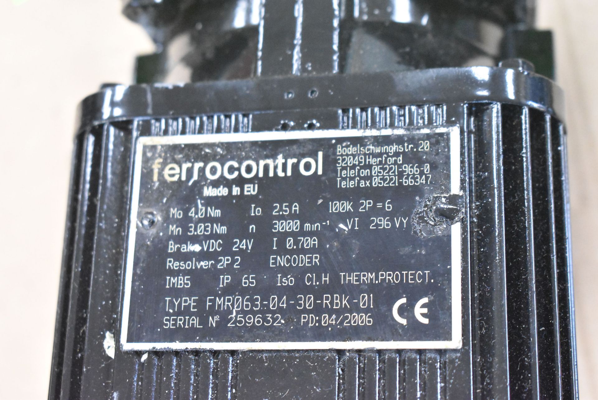 FERROCONTROL (2006) FMR063-04-30-RBK-01 X-AXIS SERVO MOTOR AND GEARBOX WITH 3000 RPM, S/N 259632 - Image 2 of 6