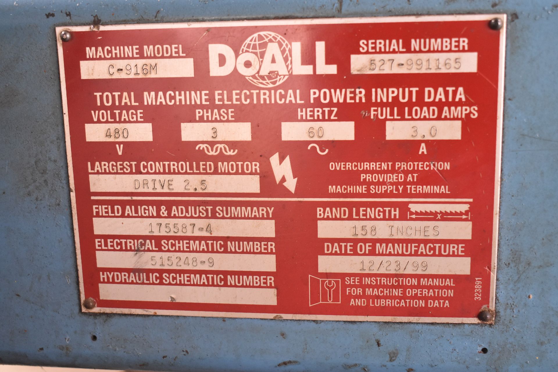 DOALL C916M HORIZONTAL BAND SAW WITH 9"X16" CUTTING CAPACITY, MANUAL VISE, COOLANT, S/N: 527- - Image 7 of 7