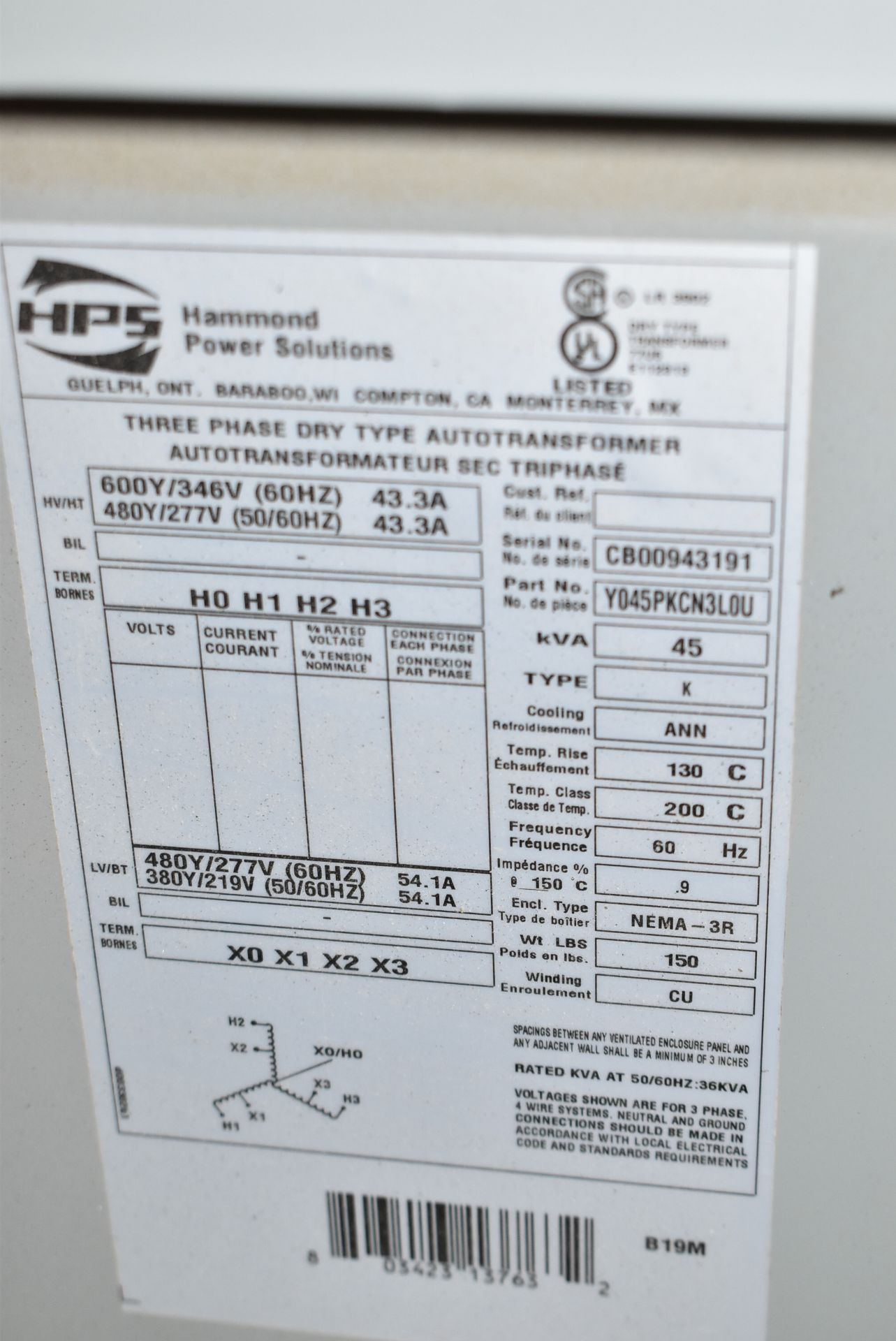 HPS 45KVA/600-480V/3PH/60HZ TRANSFORMER (CI) [RIGGING FEES FOR LOT #188 - $250 USD PLUS APPLICABLE - Image 2 of 2