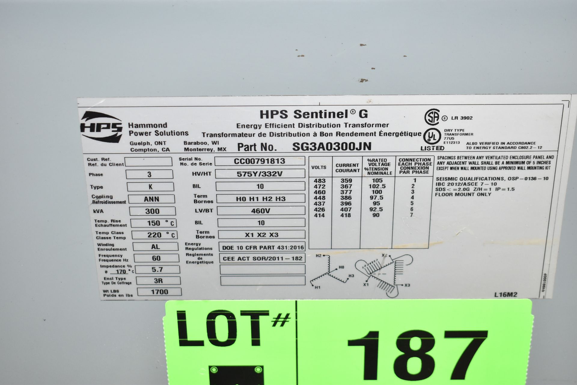 HPS 300KVA/575-460V/60HZ TRANSFORMER (CI) [RIGGING FEES FOR LOT #187 - $250 USD PLUS APPLICABLE - Image 2 of 2