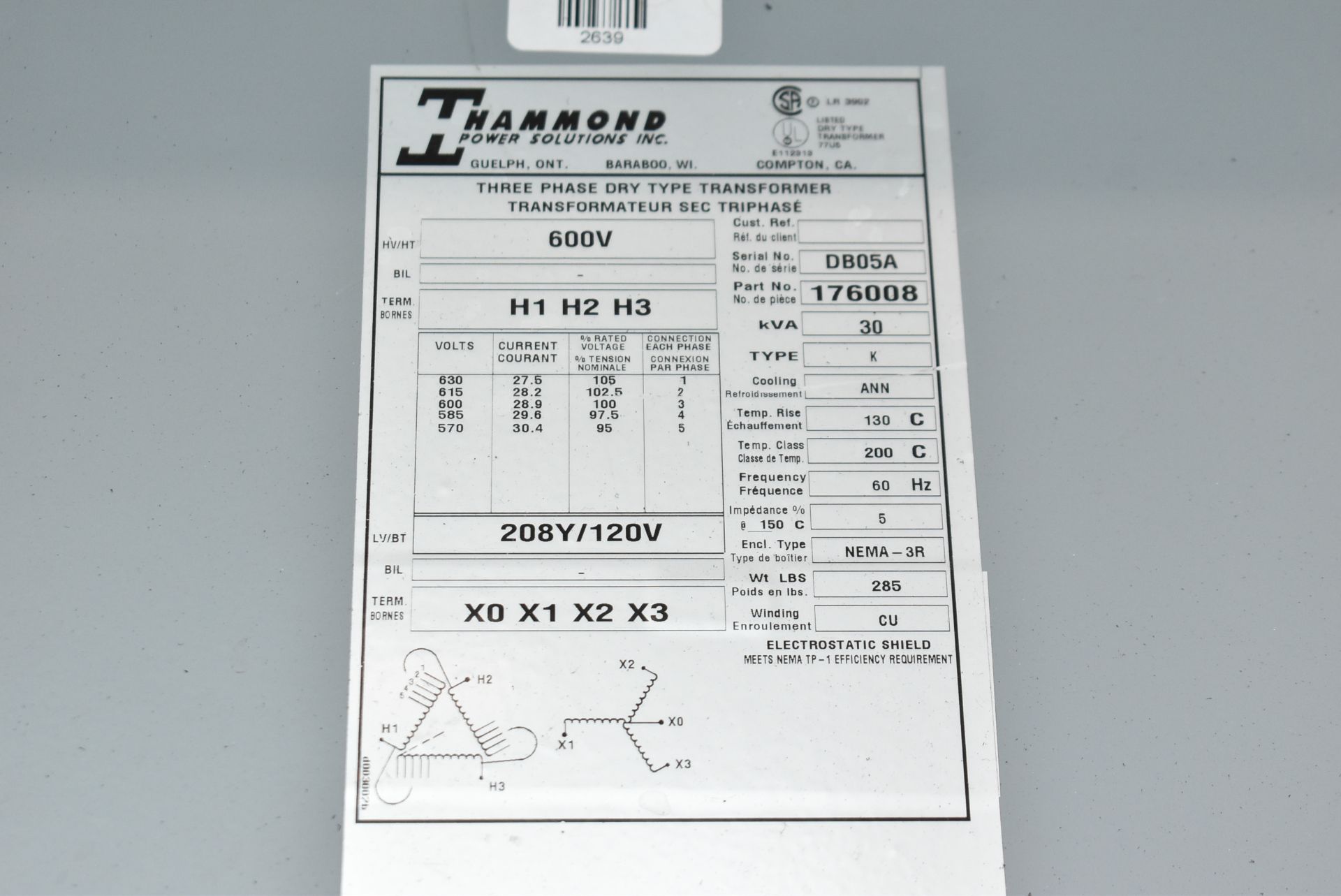 HAMMOND 30KVA/600-208-120V/3PH/60HZ TRANSFORMER (CI) [RIGGING FEES FOR LOT #224 - $250 USD PLUS - Image 2 of 2