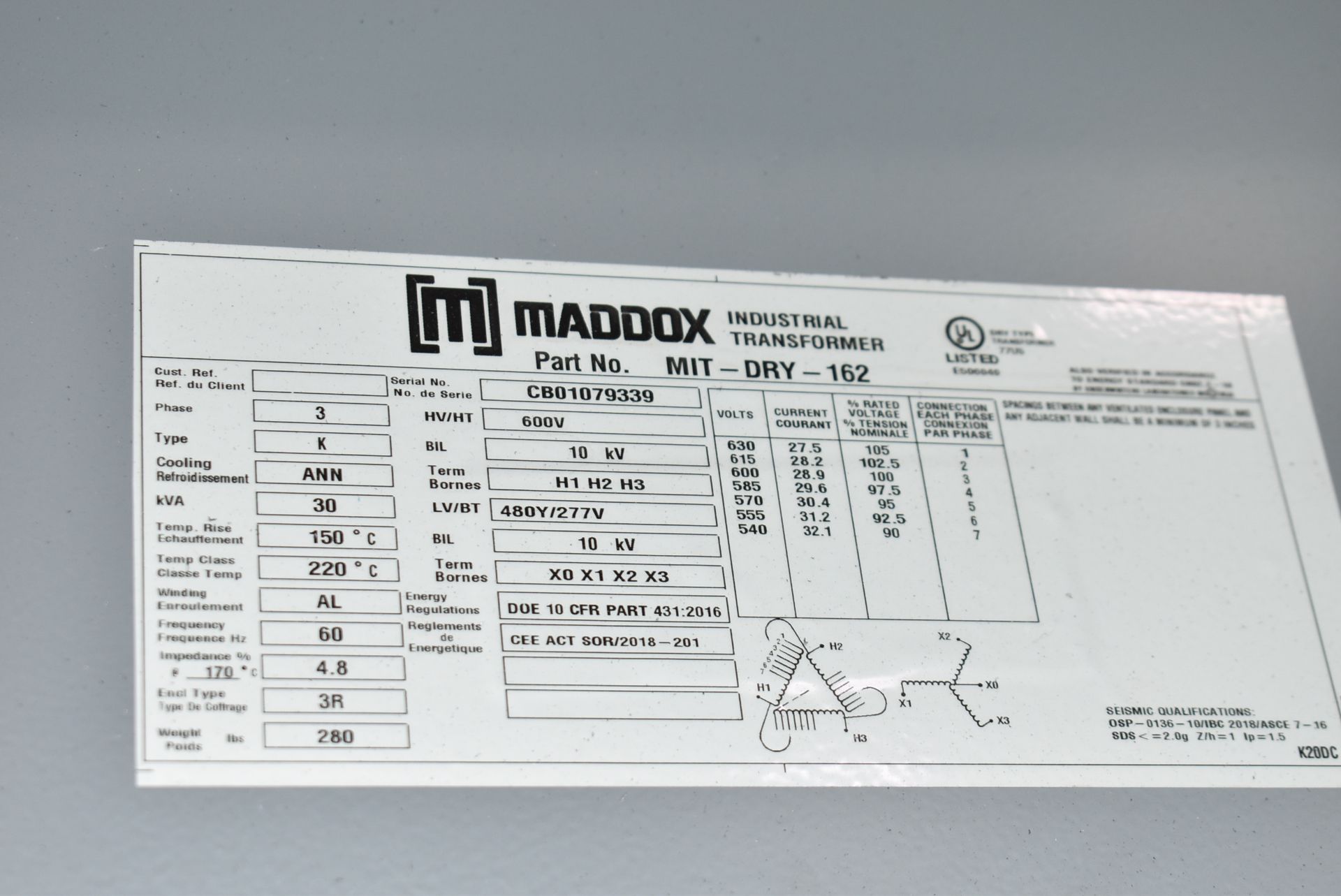 MADDOX 30KVA/600-480-277V/3PH TRANSFORMER (CI) [RIGGING FEES FOR LOT #238 - $250 USD PLUS APPLICABLE - Image 2 of 2