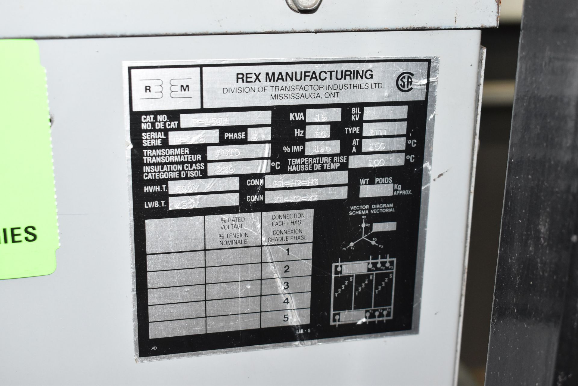 REX MANUFACTURING 15 KVA TRANSFORMER S/N E-116 (CI) [RIGGING FEES FOR LOT #87 - $250 USD PLUS - Image 5 of 5