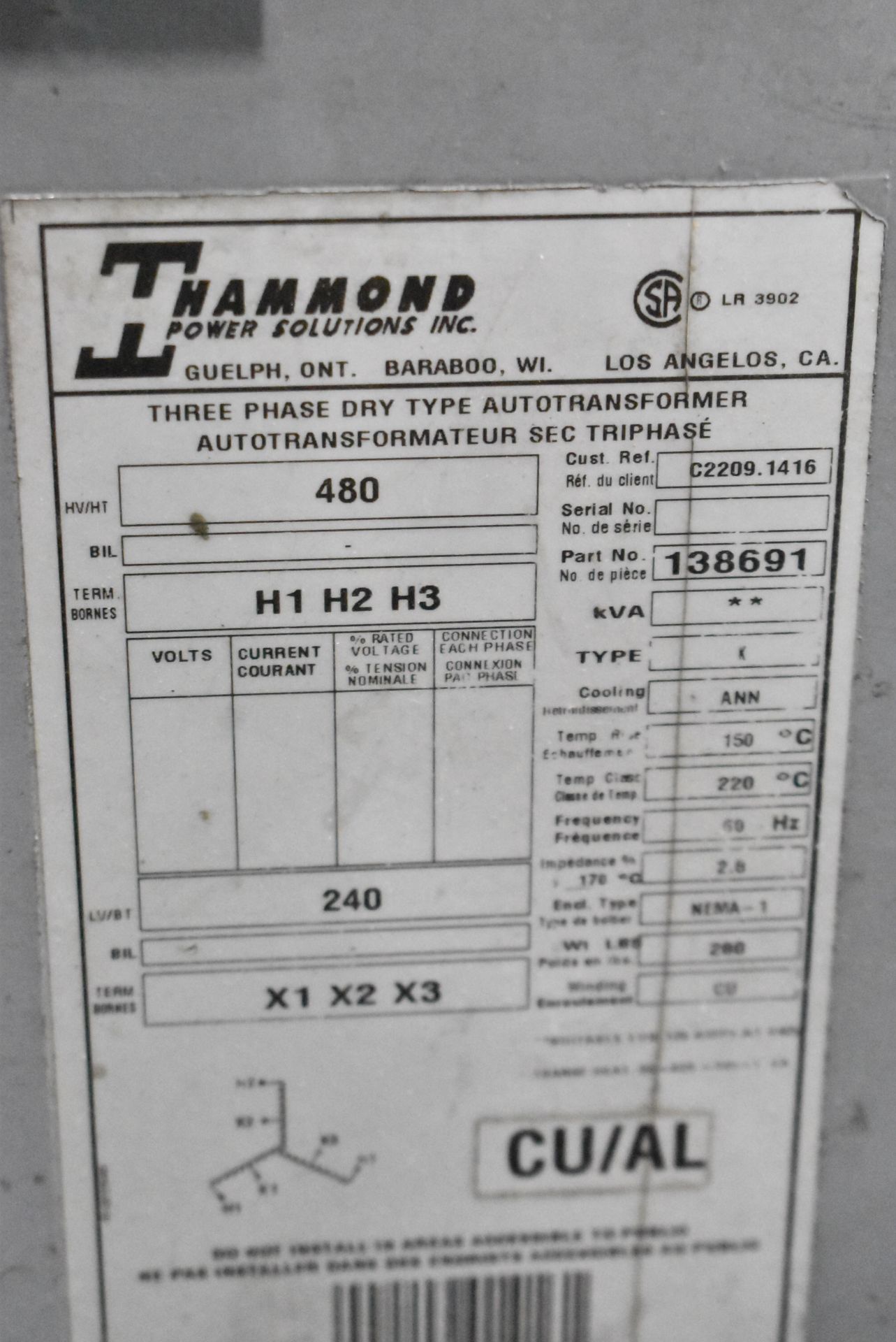 HAMMOND 480-240V/3PH/60HZ TRANSFORMER (CI) [RIGGING FEES FOR LOT #194 - $250 USD PLUS APPLICABLE - Image 2 of 2
