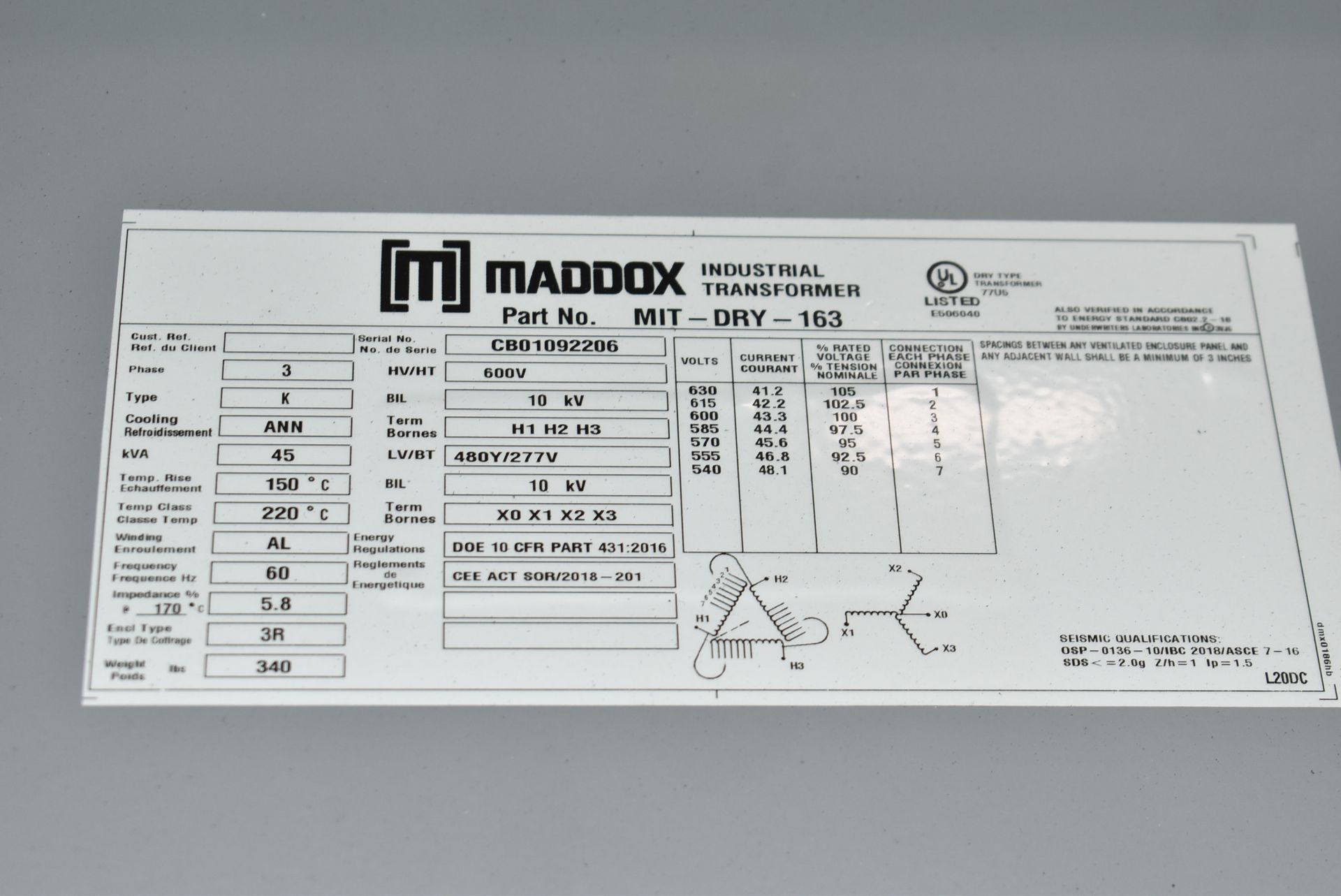MADDOX 45KVA/600-480-277V/3PH/60HZ TRANSFORMER (CI) [RIGGING FEES FOR LOT #234 - $250 USD PLUS - Image 3 of 3