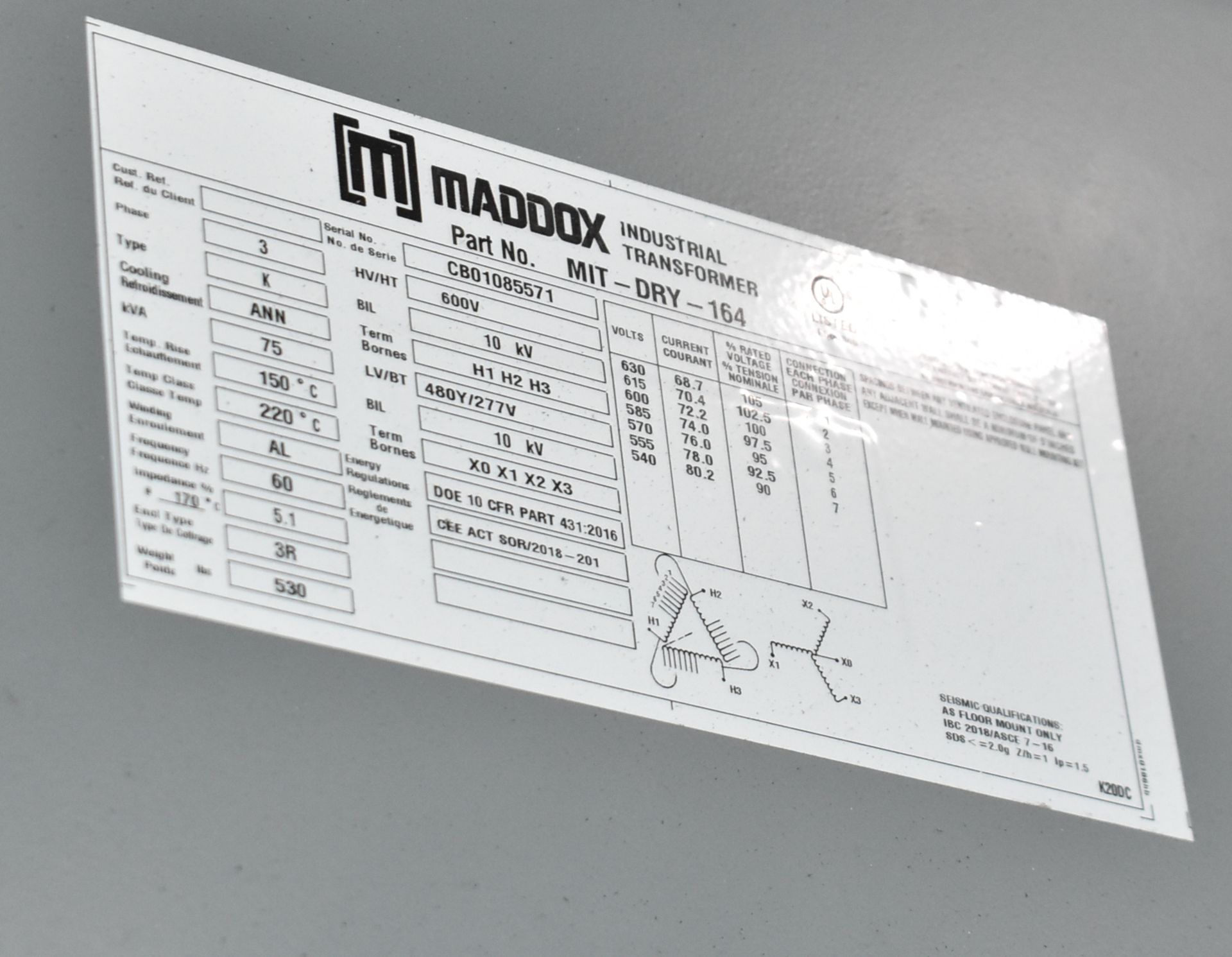 MADDOX 75KVA/600-480-277V/3PH/60HZ TRANSFORMER (CI) [RIGGING FEES FOR LOT #231 - $250 USD PLUS - Image 2 of 2