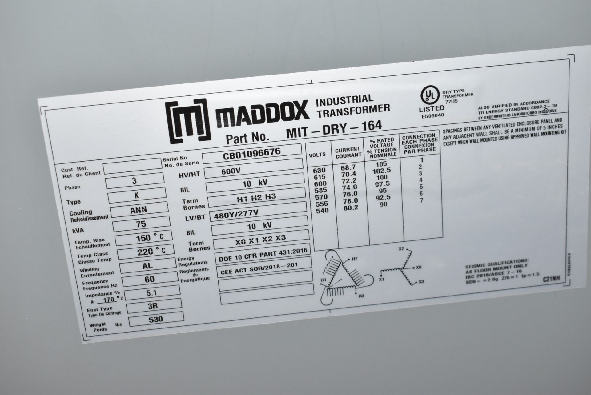 MADDOX 75KVA/600-277V/3PH/60HZ TRANSFORMER (BNIB) - Image 2 of 2