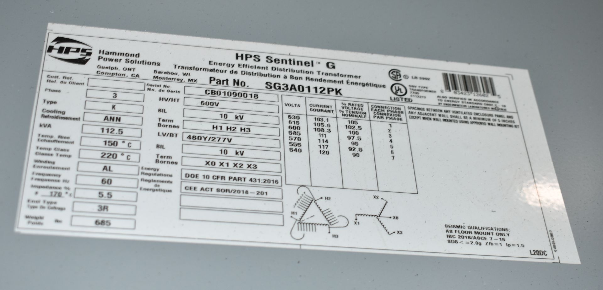 HPS 112.5KVA/600-480-277V/3PH/60HZ TRANSFORMER (CI) [RIGGING FEES FOR LOT #199 - $250 USD PLUS - Image 2 of 4