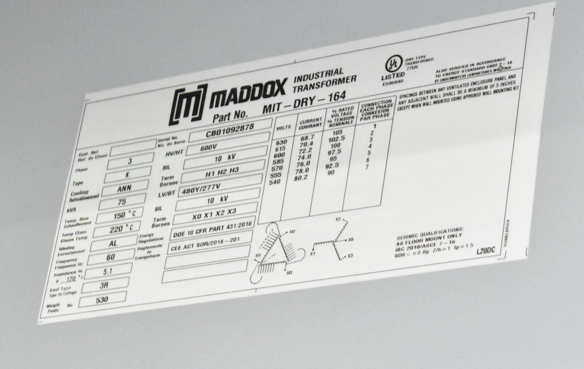 MADDOX 75KVA/600V/3PH/60HZ TRANSFORMER (CI) [RIGGING FEES FOR LOT #216 - $250 USD PLUS APPLICABLE - Image 2 of 2