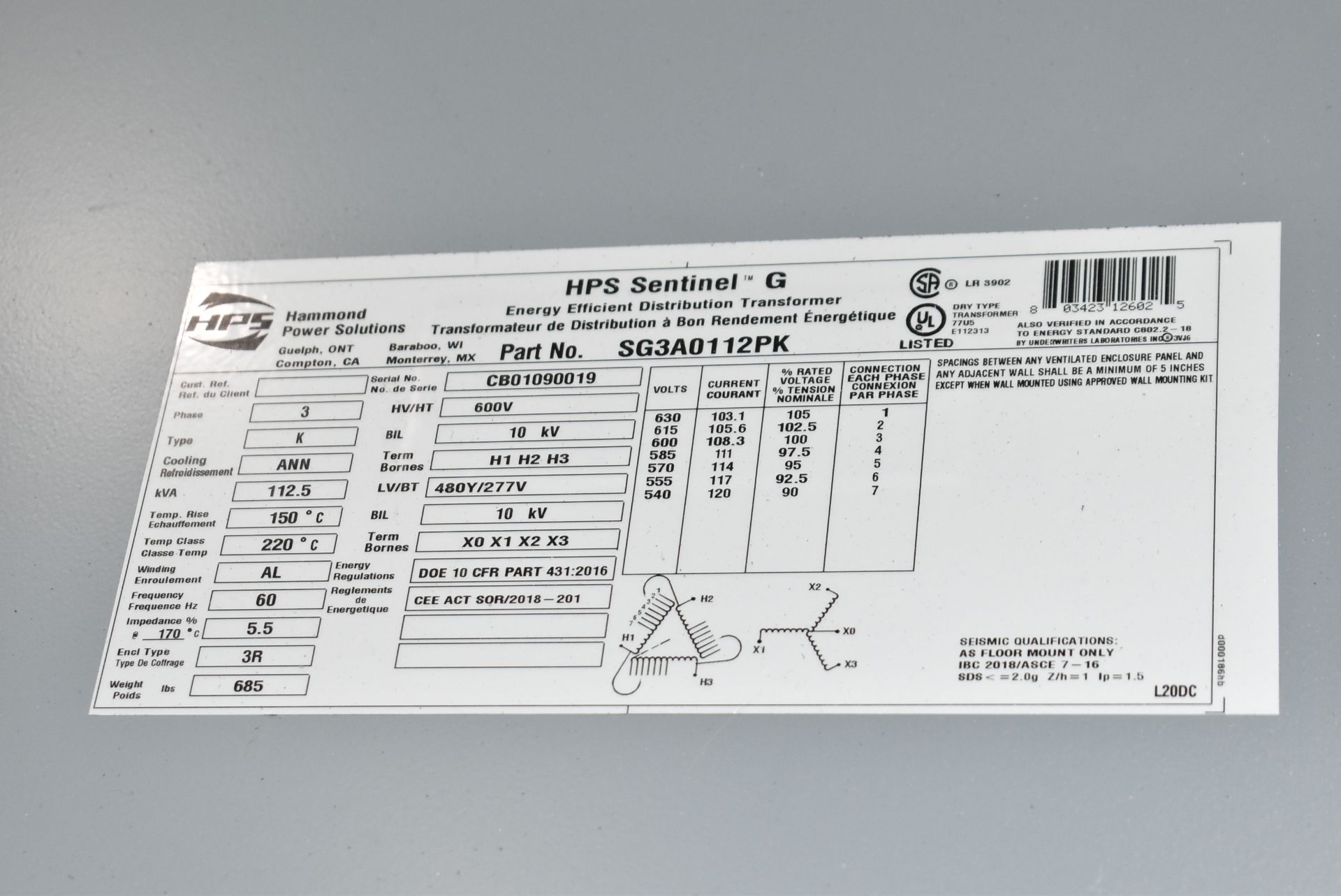 HPS 112.5KVA/600-480-277V/3PH/60HZ TRANSFORMER (CI) [RIGGING FEES FOR LOT #202 - $250 USD PLUS - Image 2 of 2