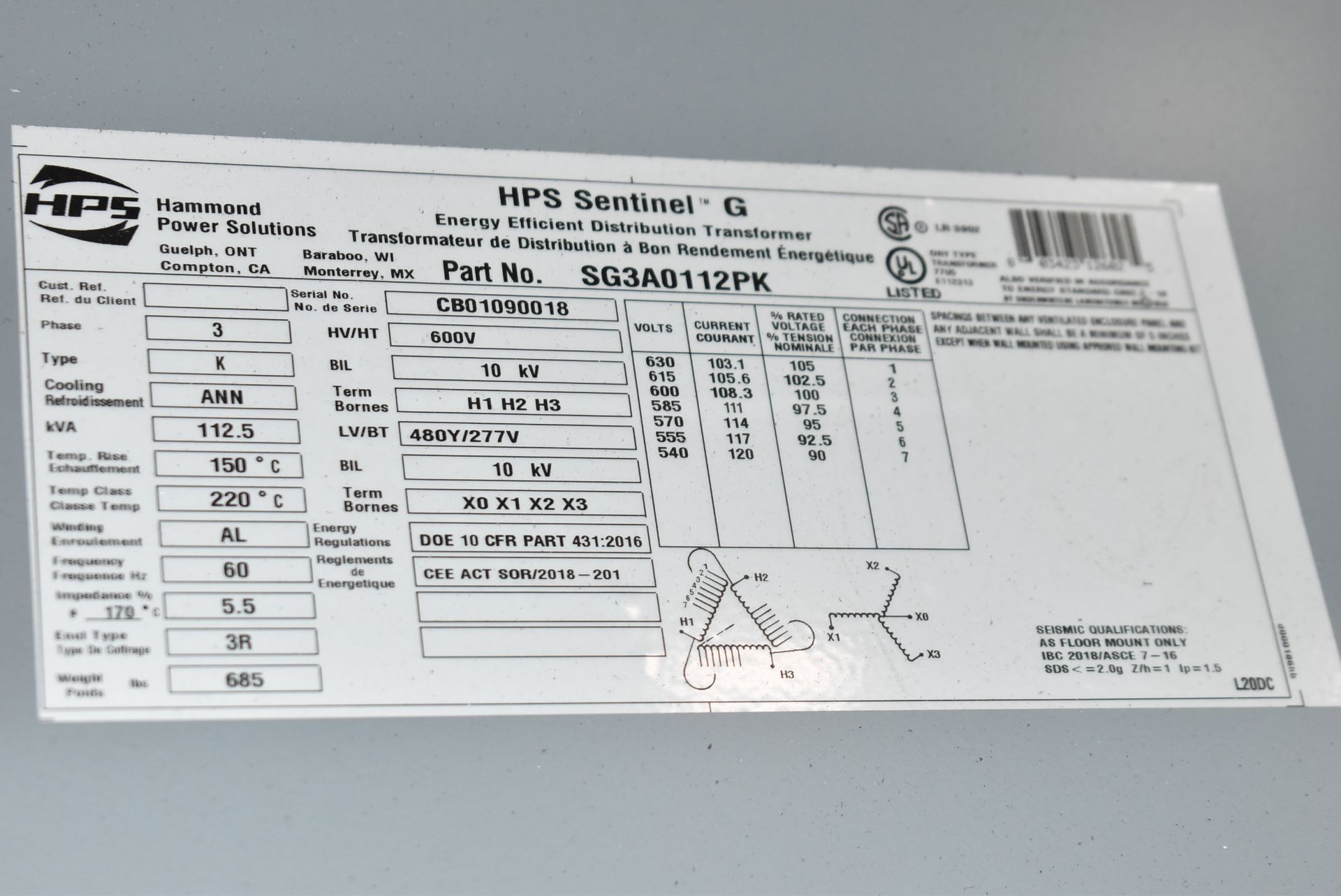 HPS 112.5KVA/600-480-277V/3PH/60HZ TRANSFORMER (CI) [RIGGING FEES FOR LOT #199 - $250 USD PLUS - Image 4 of 4