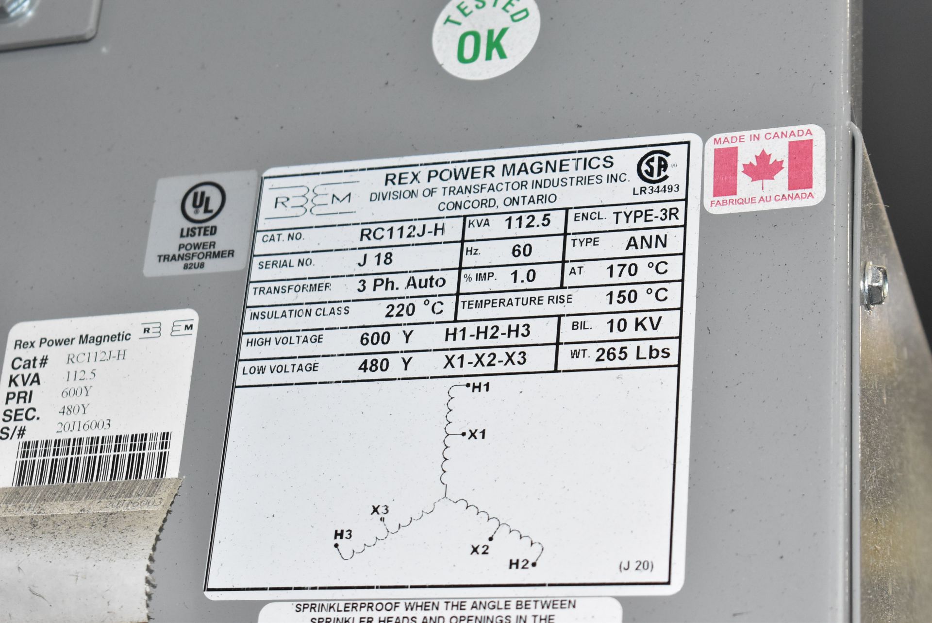 REX MANUFACTURING 112.5KVA/600-480V/3PH/60HZ TRANSFORMER (CI) [RIGGING FEES FOR LOT #219 - $250 - Image 2 of 2