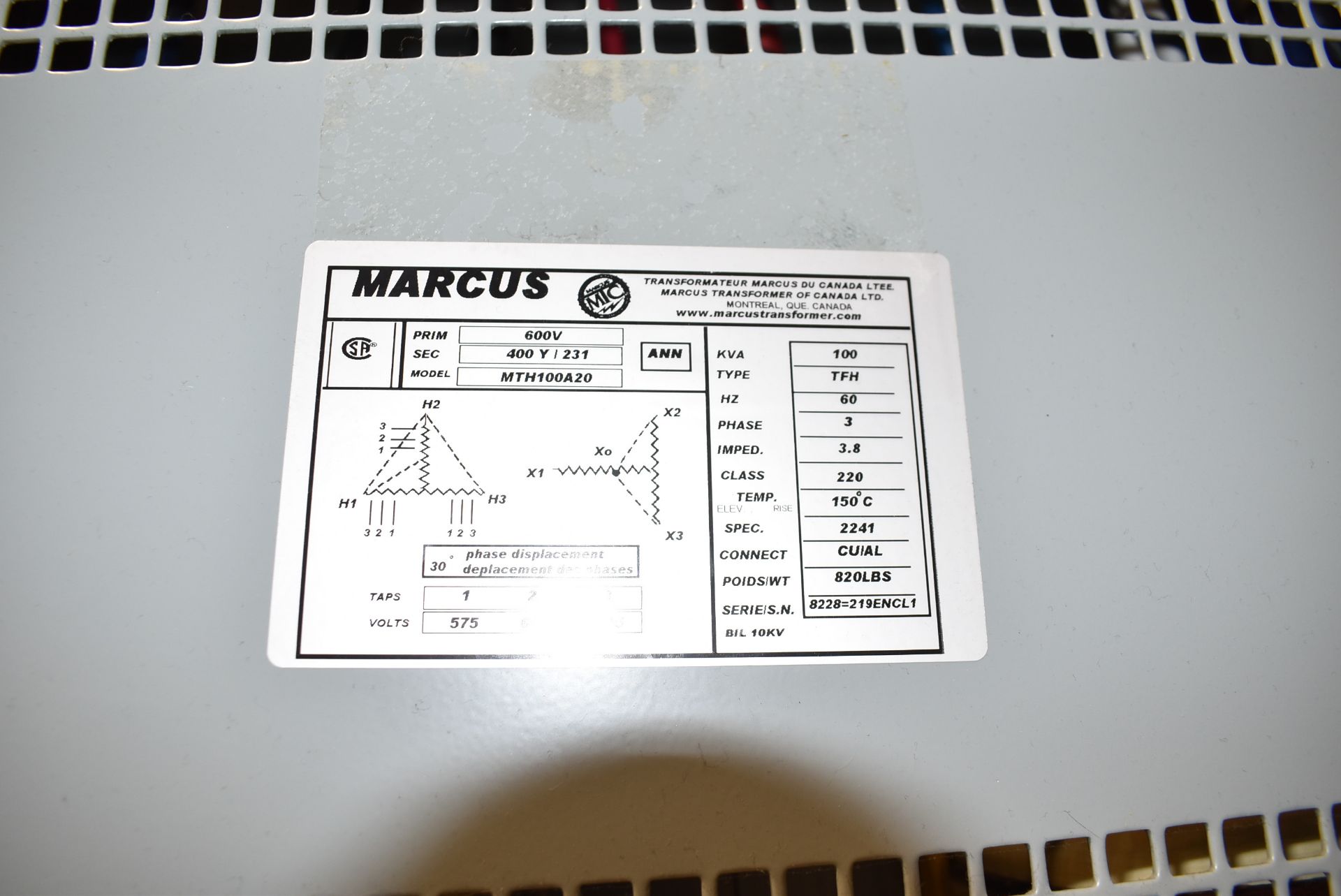 MARCUS 100KVA/600-400-231V/3PH/60HZ TRANSFORMER (CI) [RIGGING FEE FOR LOT #56 - $50 USD PLUS - Image 2 of 3