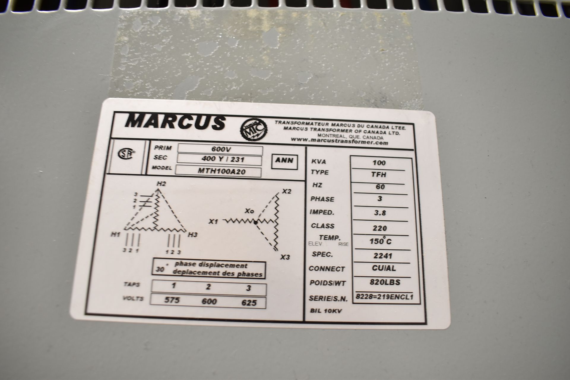 MARCUS 100KVA/600-400-231V/3PH/60HZ TRANSFORMER (CI) [RIGGING FEE FOR LOT #56 - $50 USD PLUS - Image 3 of 3