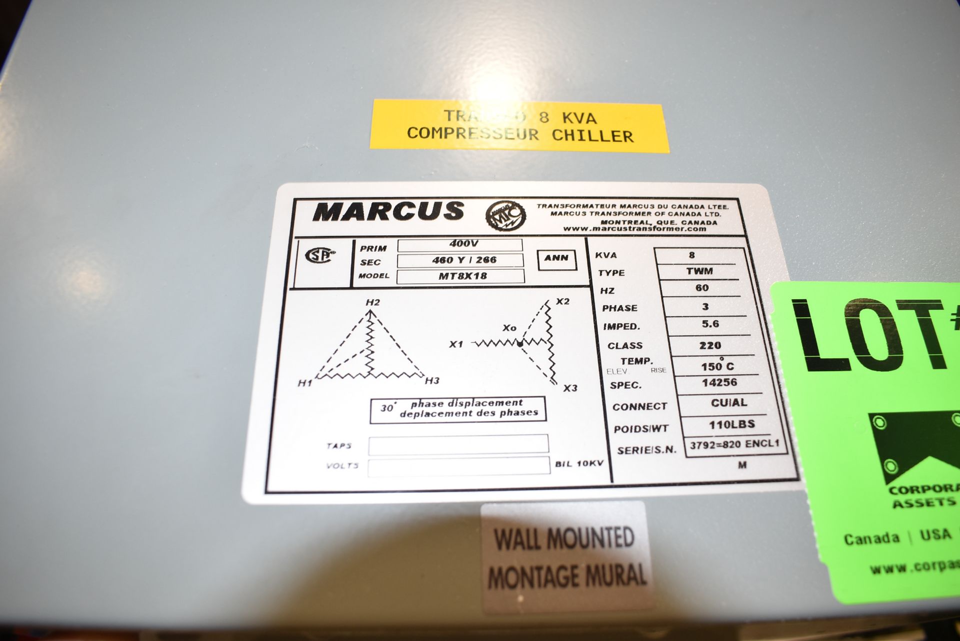 MARCUS 8KVA/400-460-266V/3PH/60HZ TRANSFORMER (CI) [RIGGING FEE FOR LOT #111 - $50 USD PLUS - Image 3 of 3