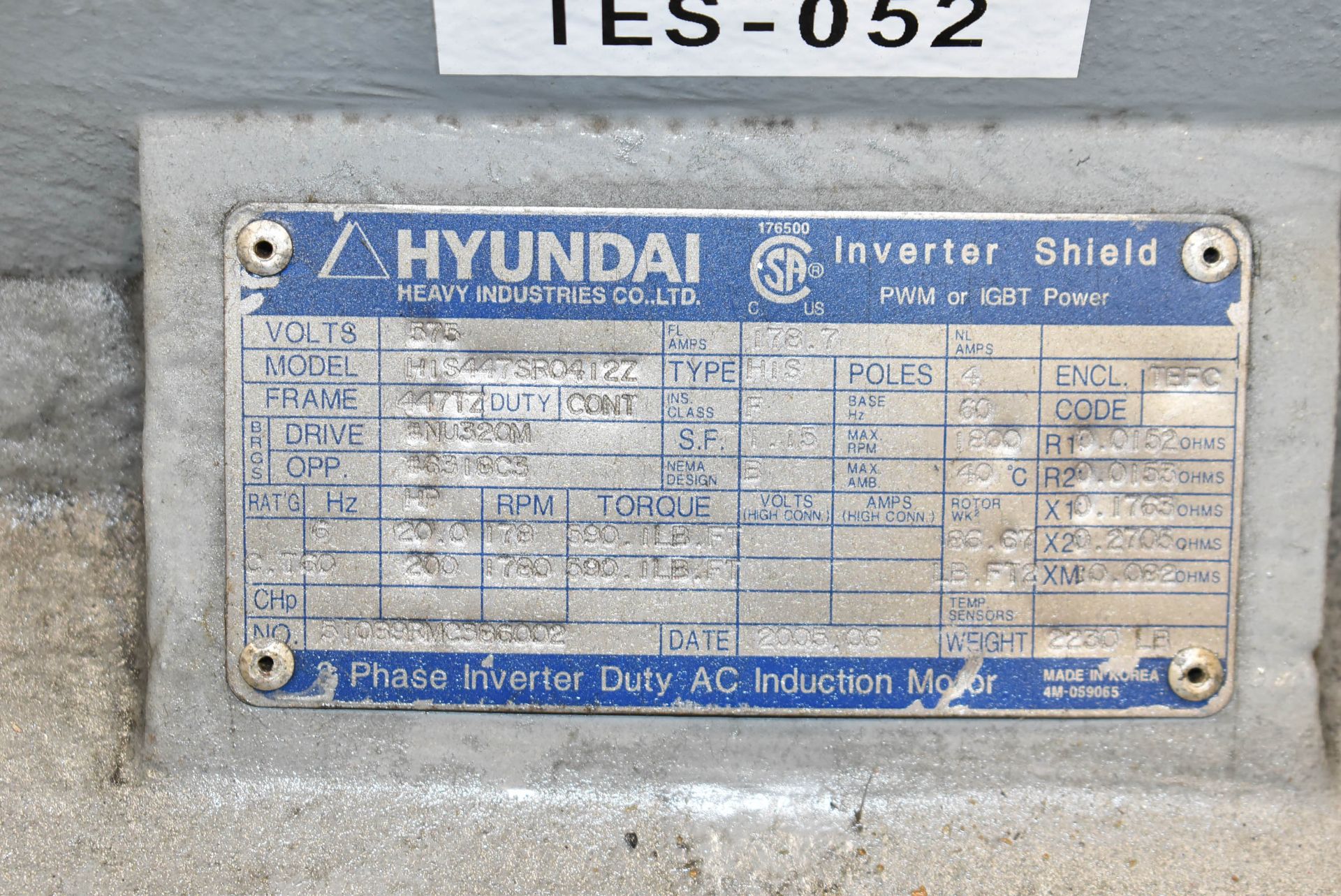 HYUNDAI 200HP ELECTRIC MOTOR WITH 1780 RPM 575V/60HZ/3PH S/N N/A (CI) - Image 3 of 3