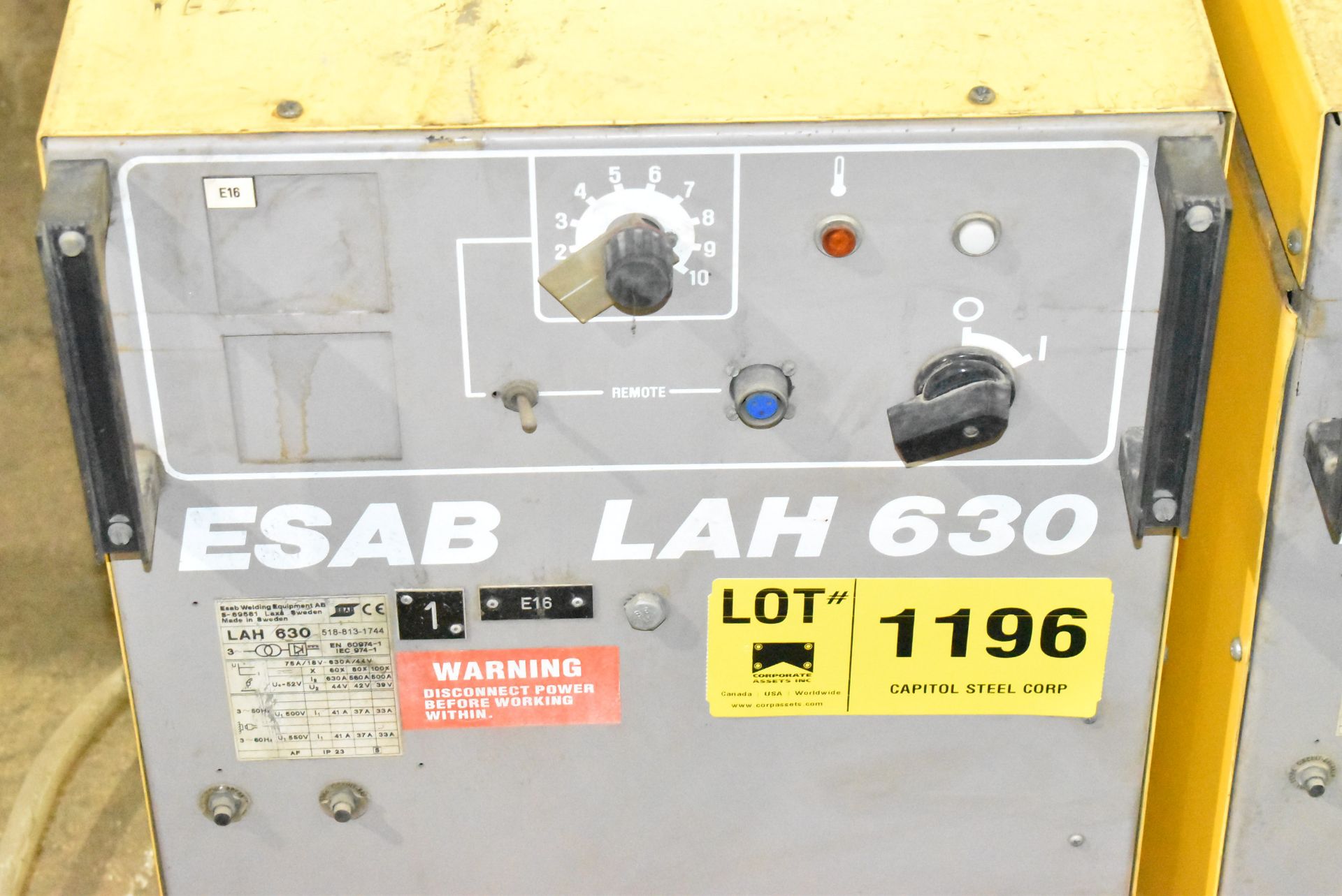 ESAB LAH630 SEMI-AUTOMATIC MIG/MAG WELDING POWER SOURCE, S/N: N/A [RIGGING FEES FOR LOT #1196 - $ - Image 2 of 4