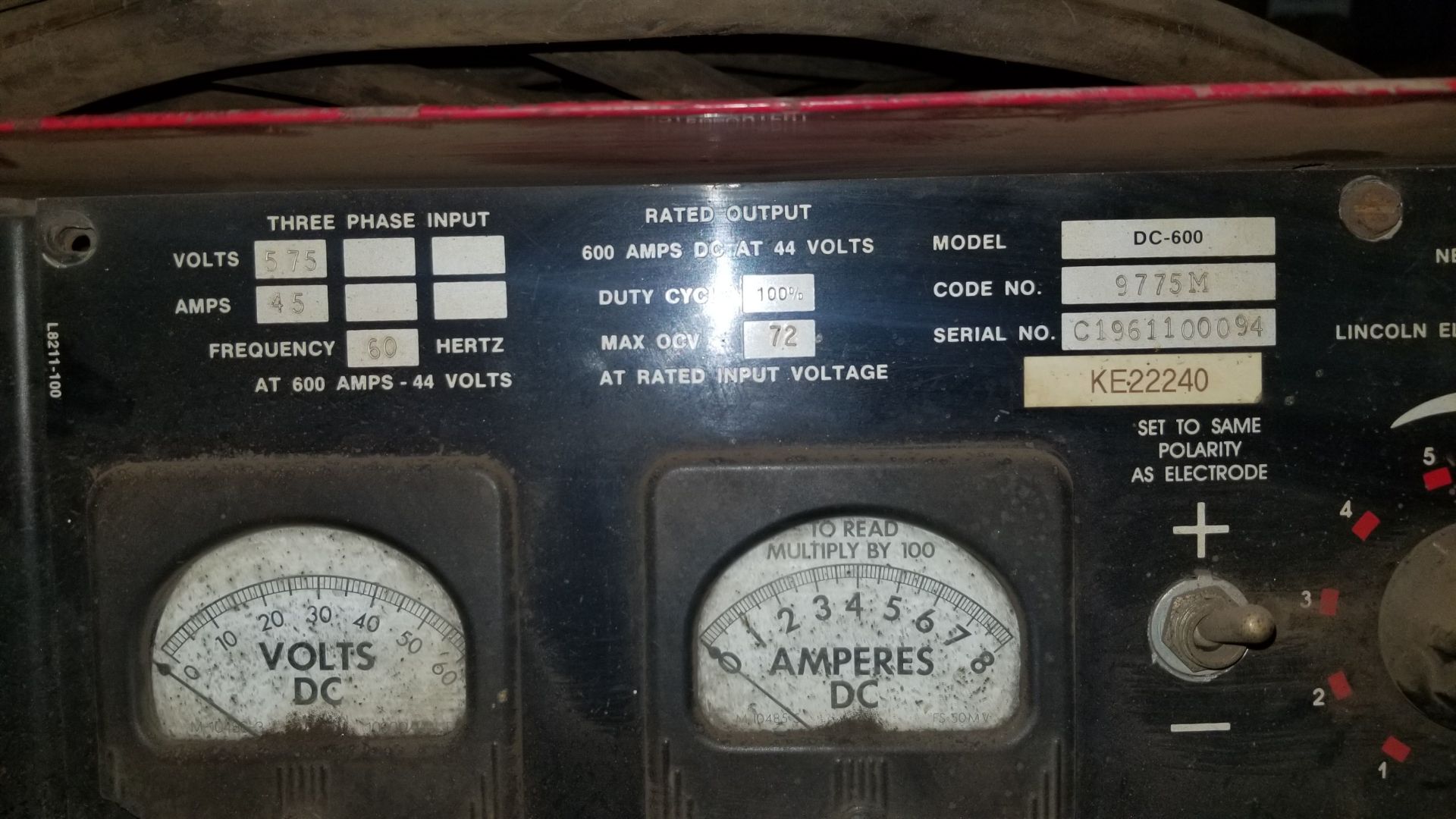 LINCOLN IDEALARC DC-600 MULTI-PROCESS WELDER WITH CABLES & ARCAIR GOUGING TORCH, S/N: C1961100094 ( - Image 4 of 6