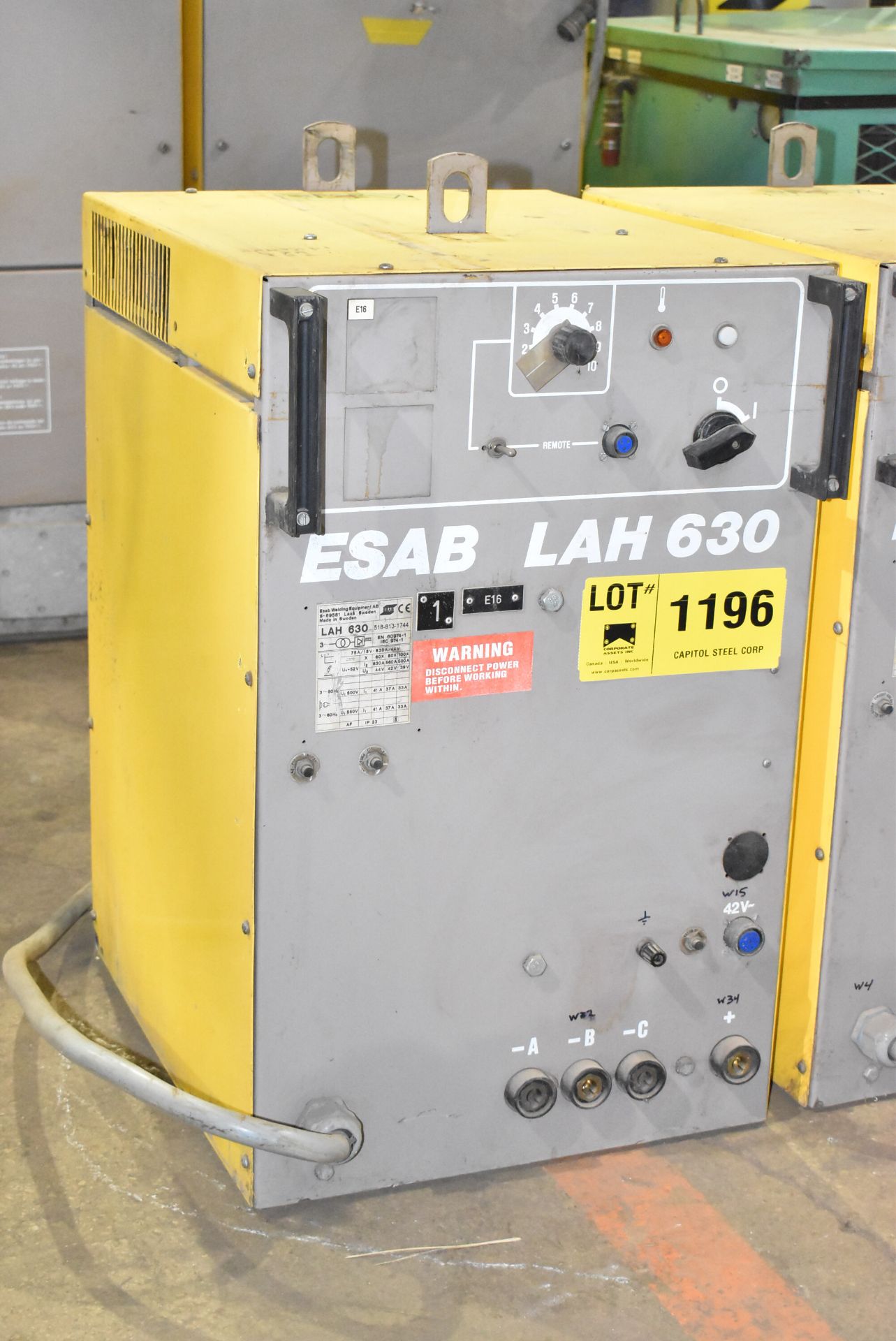 ESAB LAH630 SEMI-AUTOMATIC MIG/MAG WELDING POWER SOURCE, S/N: N/A [RIGGING FEES FOR LOT #1196 - $