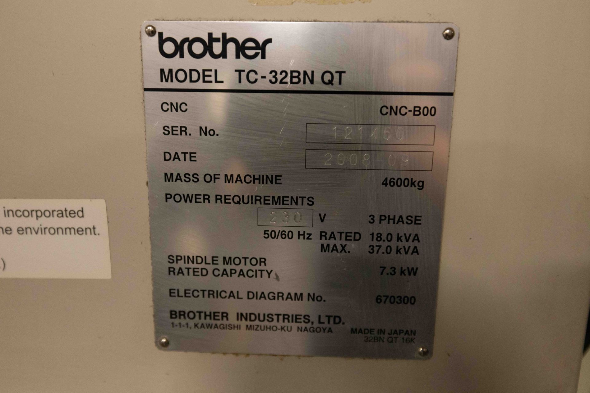 BROTHER (2008) TC-32BN QT CNC TWIN PALLET VERTICAL MACHINING CENTER WITH BROTHER CNC CONTROL, (2) - Image 8 of 8