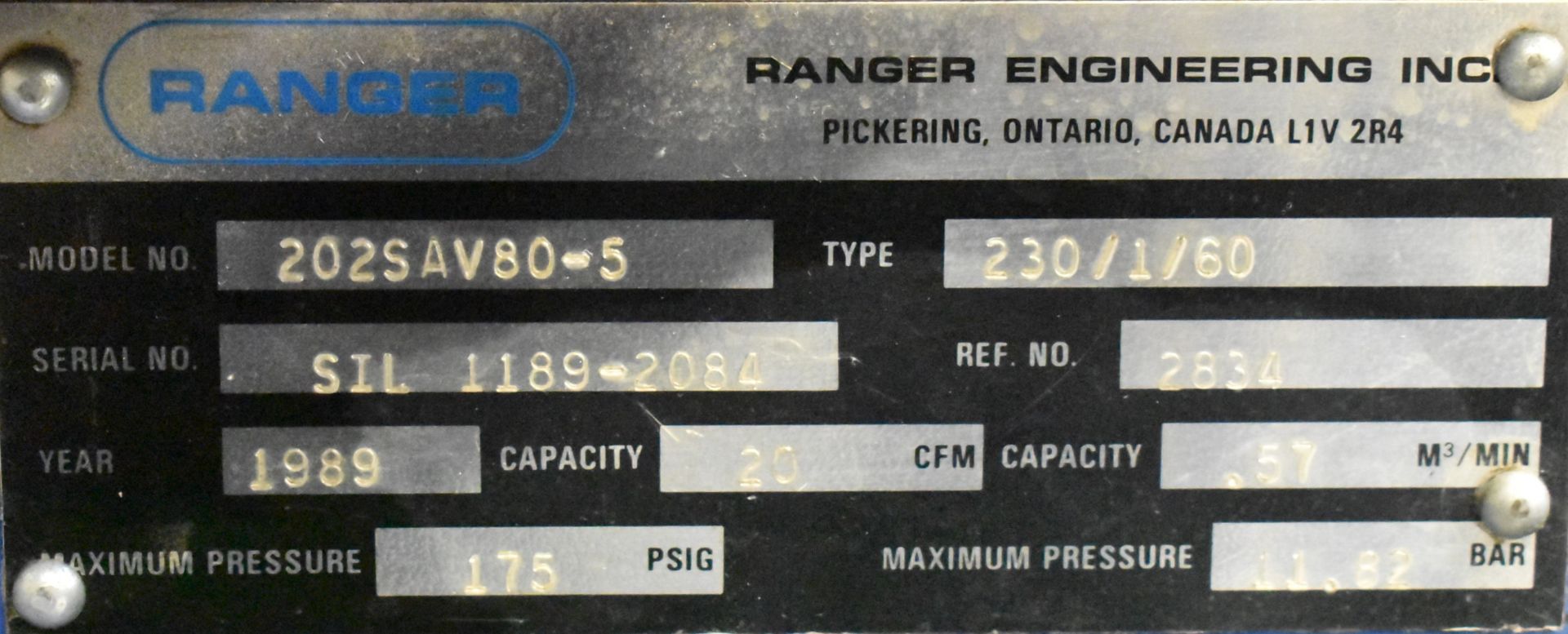 RANGER 202SAV80-5 5HP AIR COMPRESSOR WITH 20CFM CAPACITY, 11.82BAR MAXIMUM PRESSURE, 230V/1PH/ - Image 3 of 4