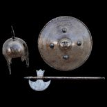 AN INDO-PERSIAN BEAUTIFULLY DECORATED DHAL SHIELD, KHULA-KHUD HELMET AND AX, 19TH