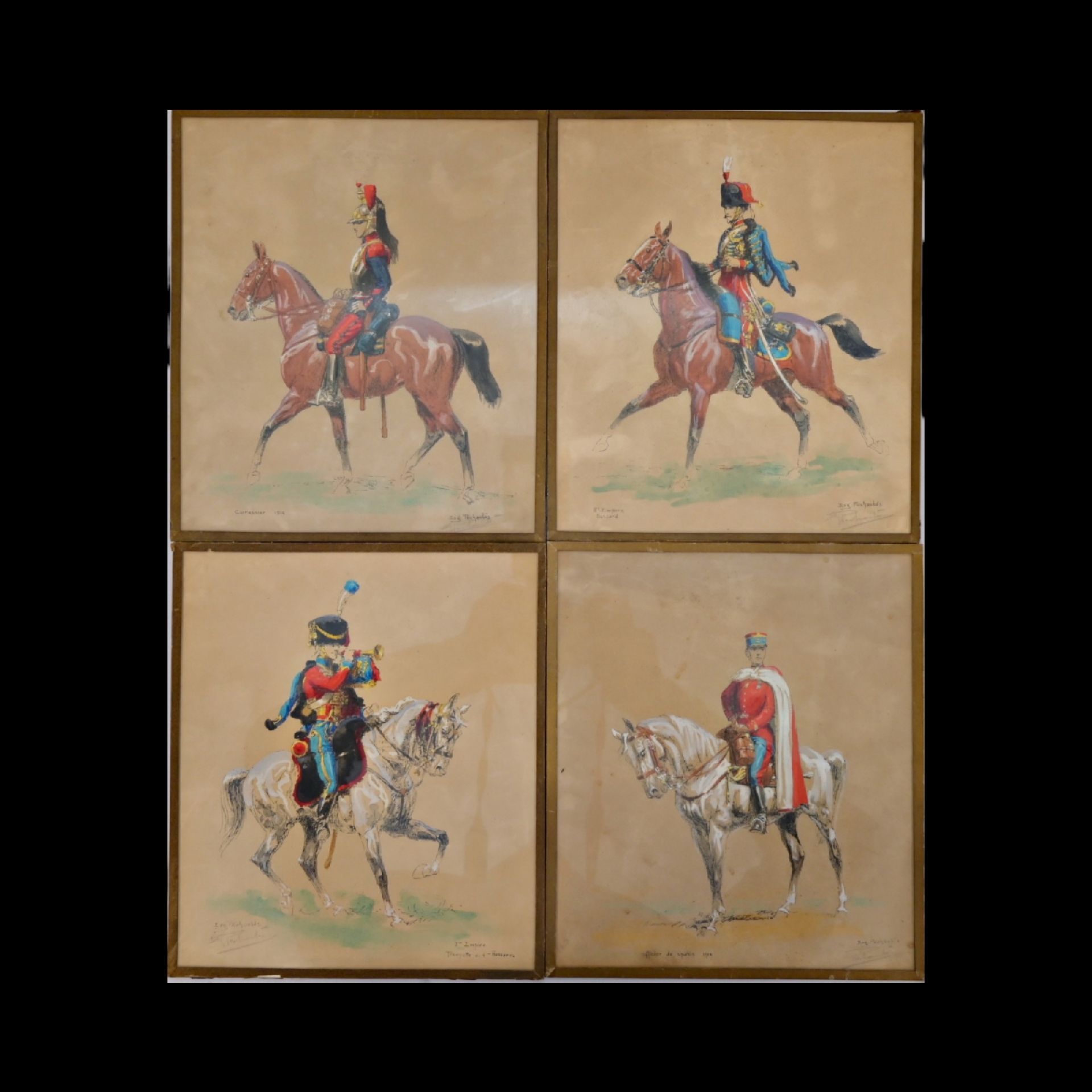 A set of four paintings depicting French and Spanish cavalrymen. First quarter of the 20th century.