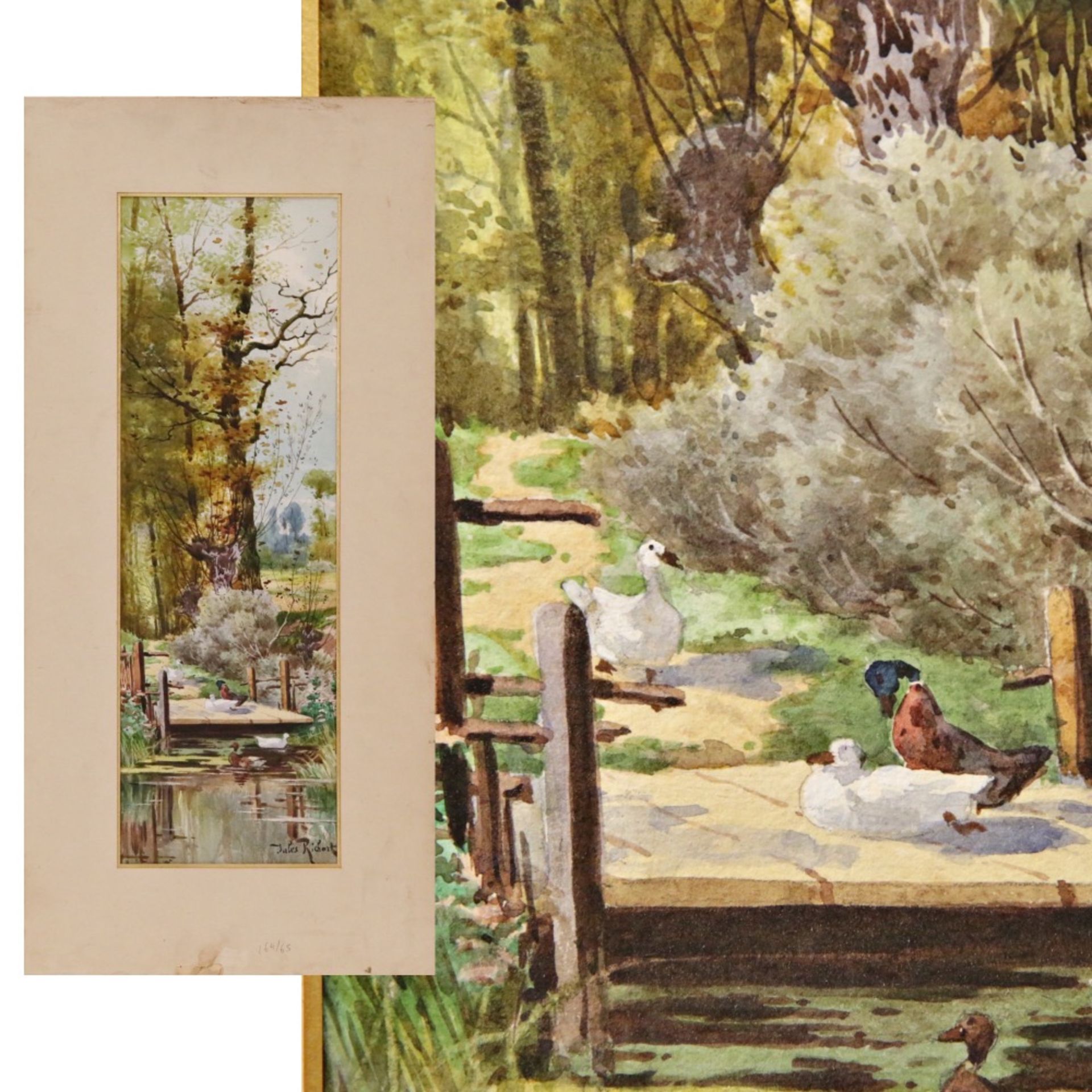 Jules RICHARD (XIX-XX) "A duck pontoon", watercolor on paper, French painting of the 19th-20th centu