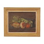 "Still-life with turnips", oil on cardboard authors signature illegible, date 1875.