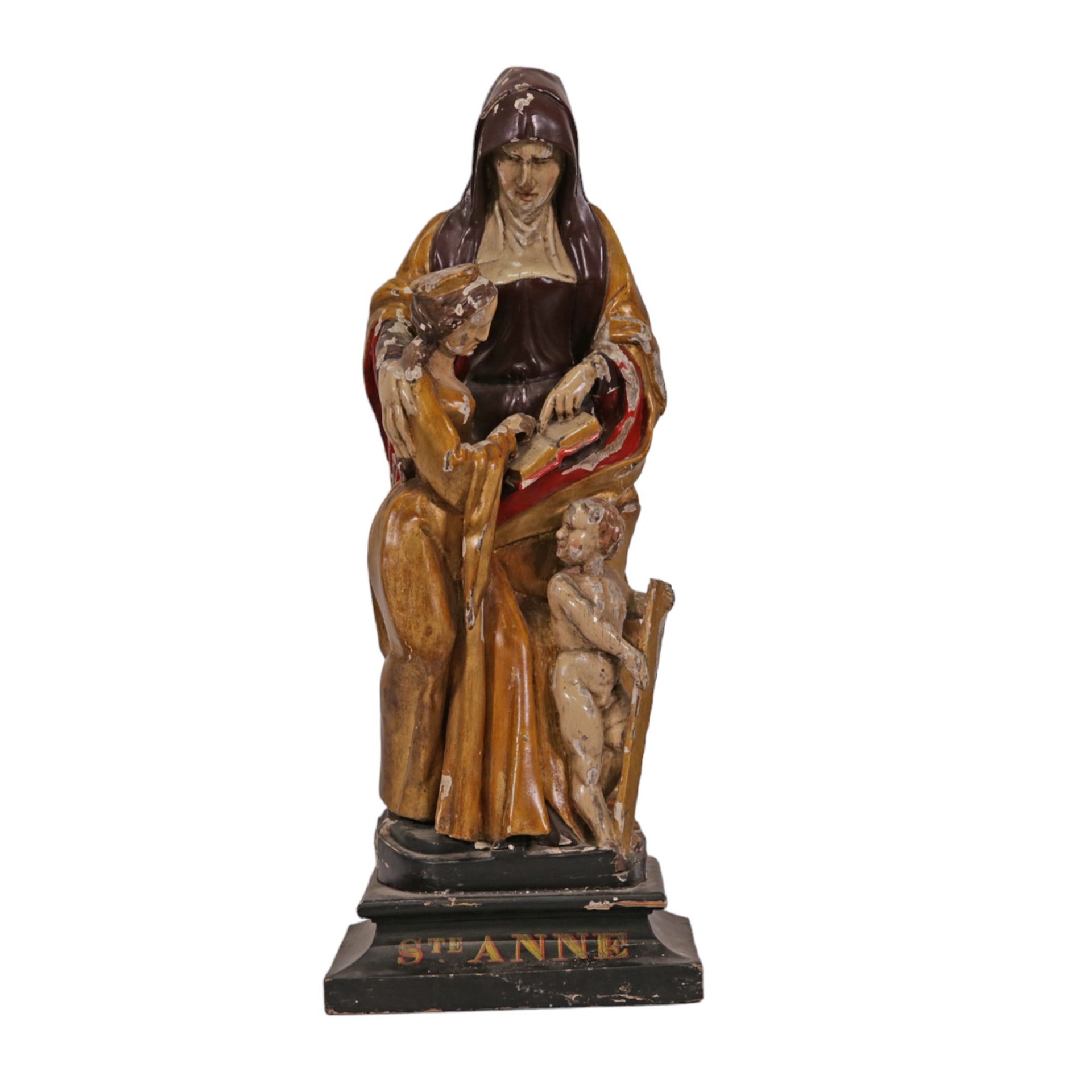 RARE, ANTIQUE, POLYCHROME WOODEN SCULPTURE "SAINT ANNE TRINITI", ON THE BASIS. FRANCE 19th CENTURY. - Image 3 of 13