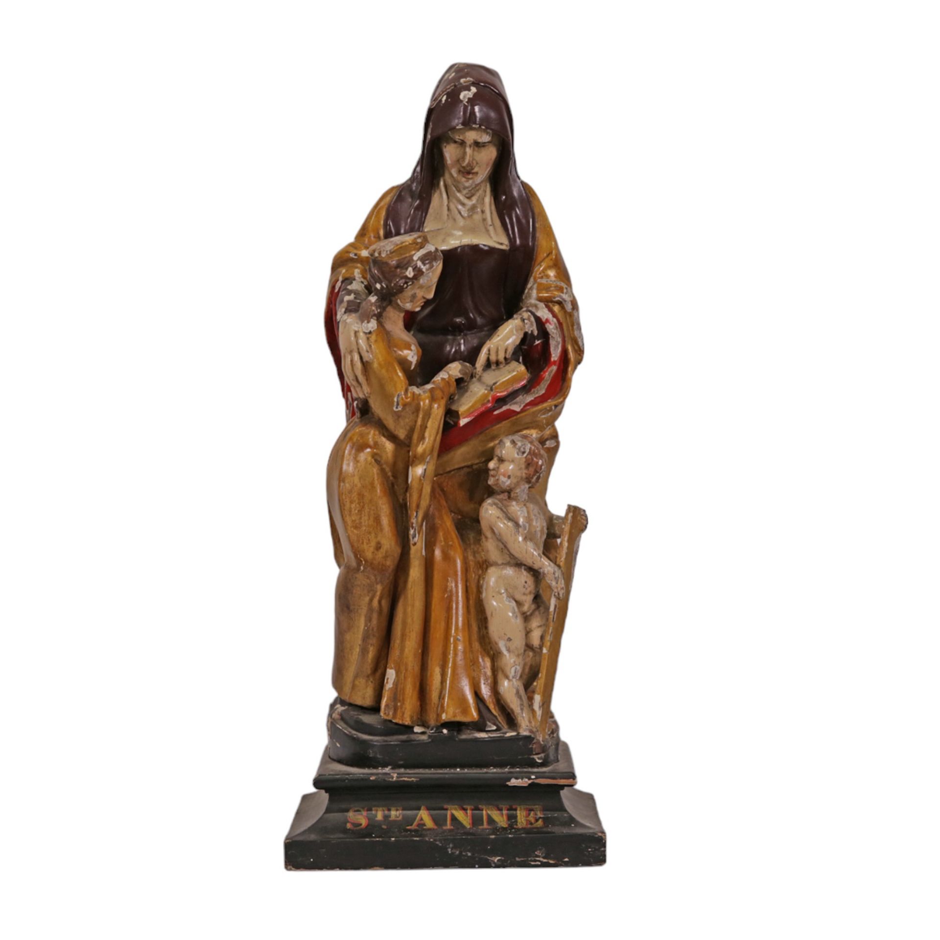 RARE, ANTIQUE, POLYCHROME WOODEN SCULPTURE "SAINT ANNE TRINITI", ON THE BASIS. FRANCE 19th CENTURY. - Image 2 of 13