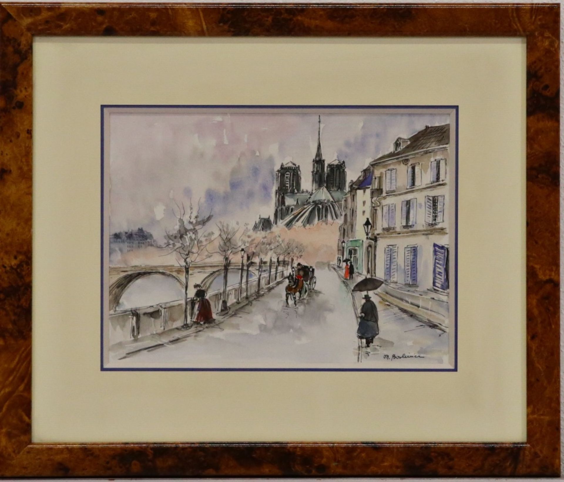 "The Seine and Notre Dame" watercolor on paper, signed M Boupunier, French painting of the 20th _. - Image 2 of 6