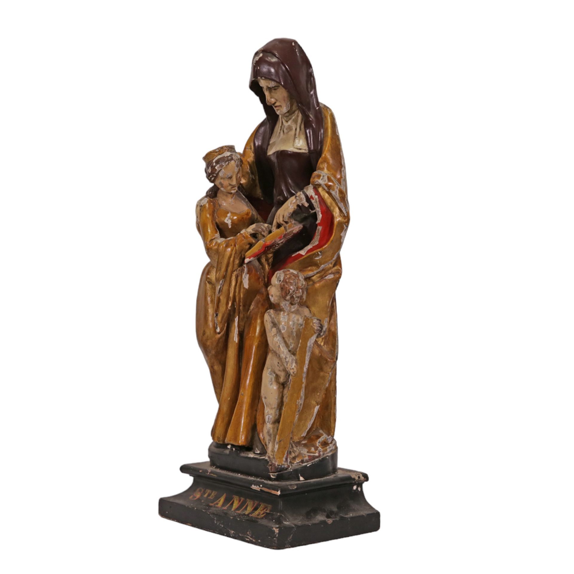 RARE, ANTIQUE, POLYCHROME WOODEN SCULPTURE "SAINT ANNE TRINITI", ON THE BASIS. FRANCE 19th CENTURY. - Image 4 of 13