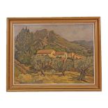 "Mountain landscape with houses", Oil on cardboard, France, 20th century, JM Baptiste.