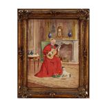 "Cardinal playing guitar", watercolor on paper, signed Eidot(?), French painting, early 20th _.
