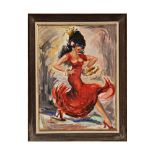 "Flamenco dancer", watercolor and gouache on paper, signed Taveau, Spanish painting of the 20th C.