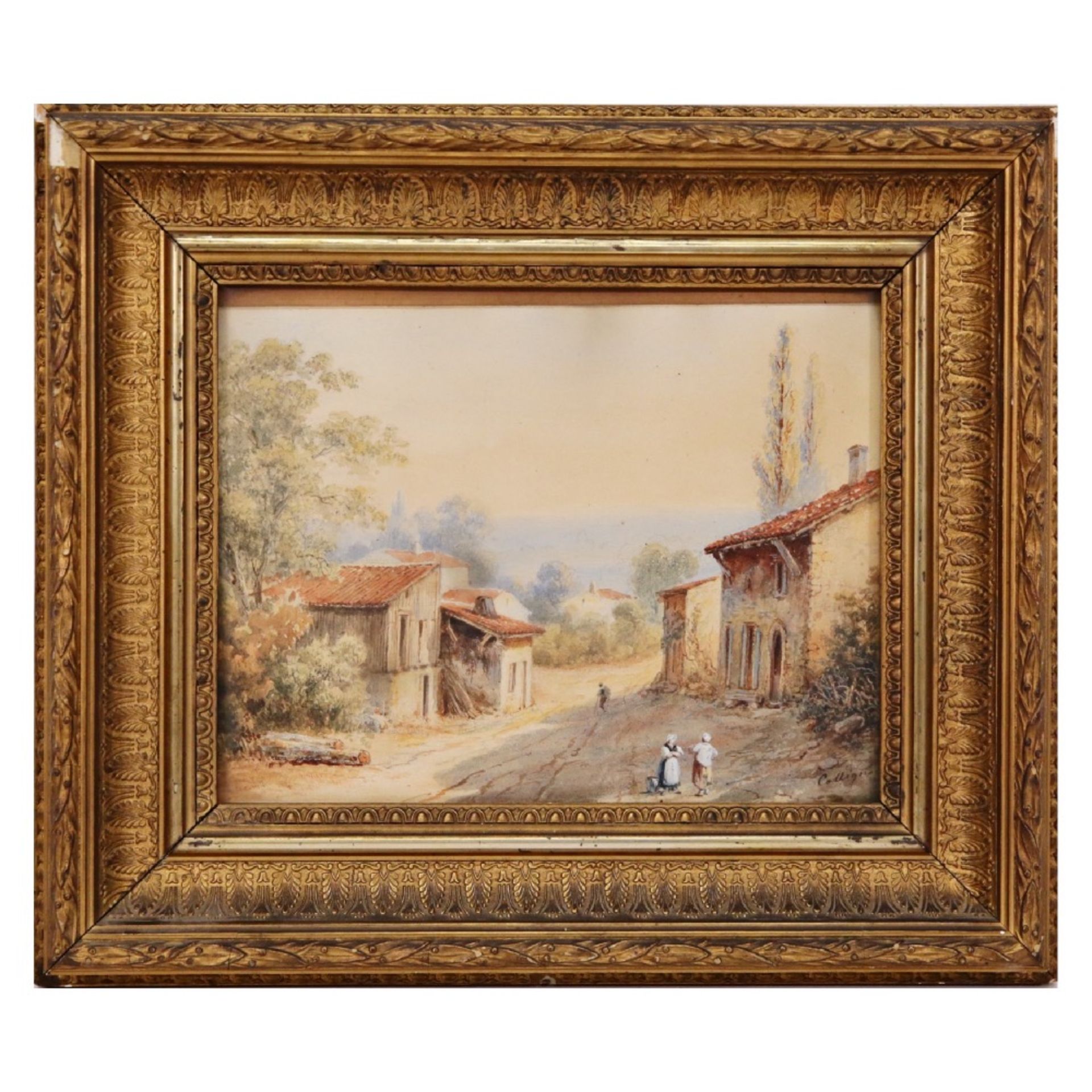 Franois Jules COLLIGNON (?-1850) "Rue de village", watercolor on paper, French painting,19th C.