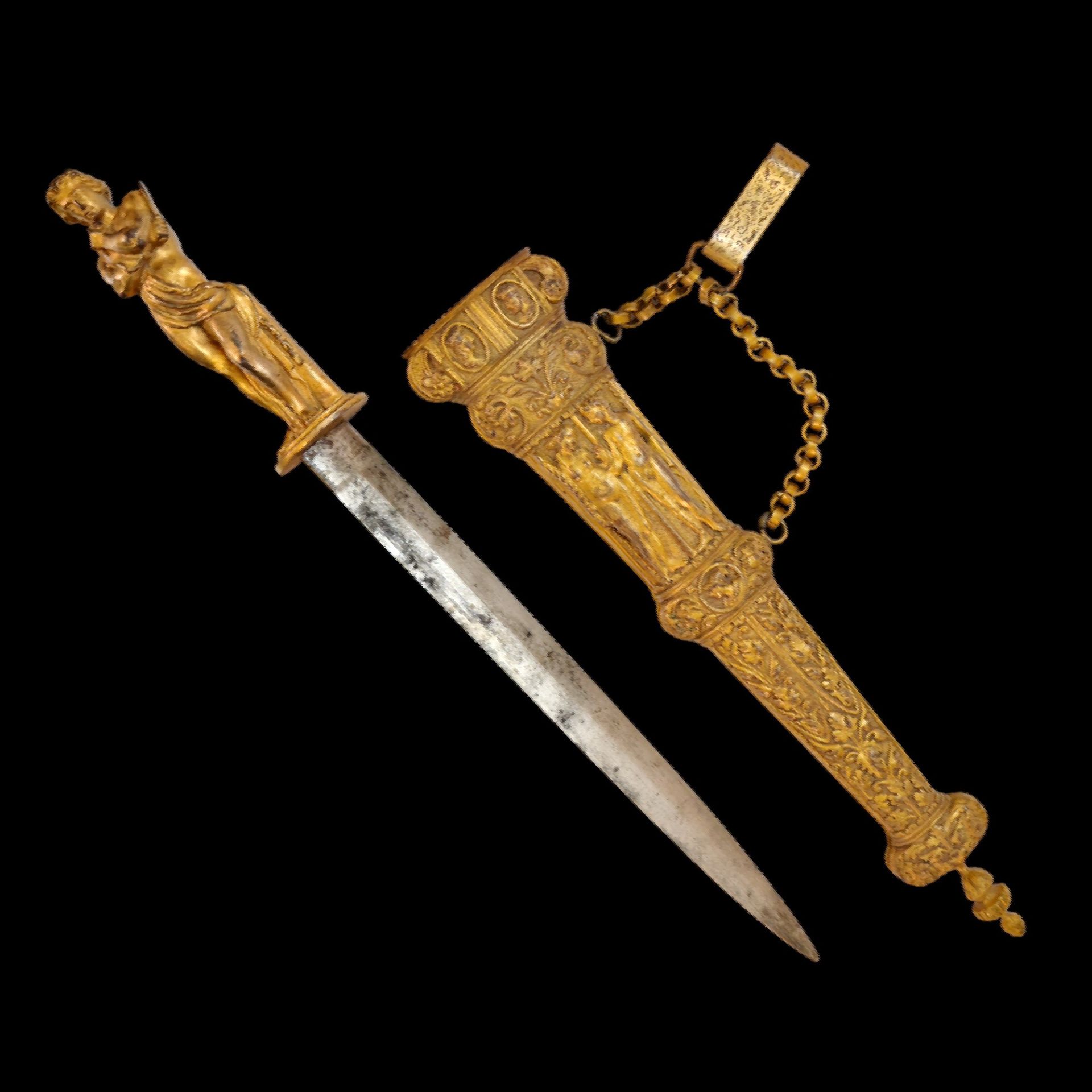 A Very high quality Renaissance Style Brass with gilt Dagger, 19th century.